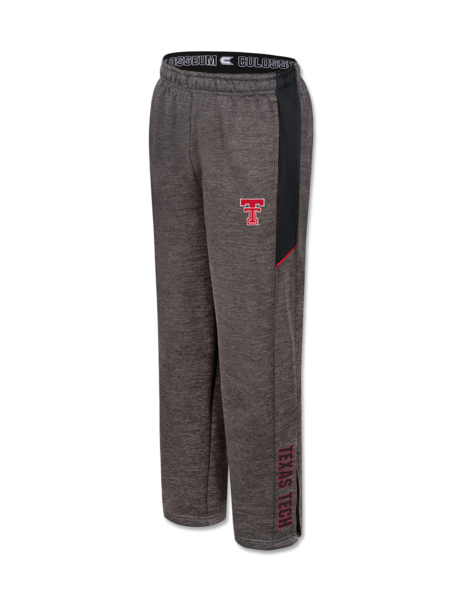 Front of charcoal heather Texas Tech youth pants with a red Double T at the thigh, black side panel and TEXAS TECH printed vertically near the hem
