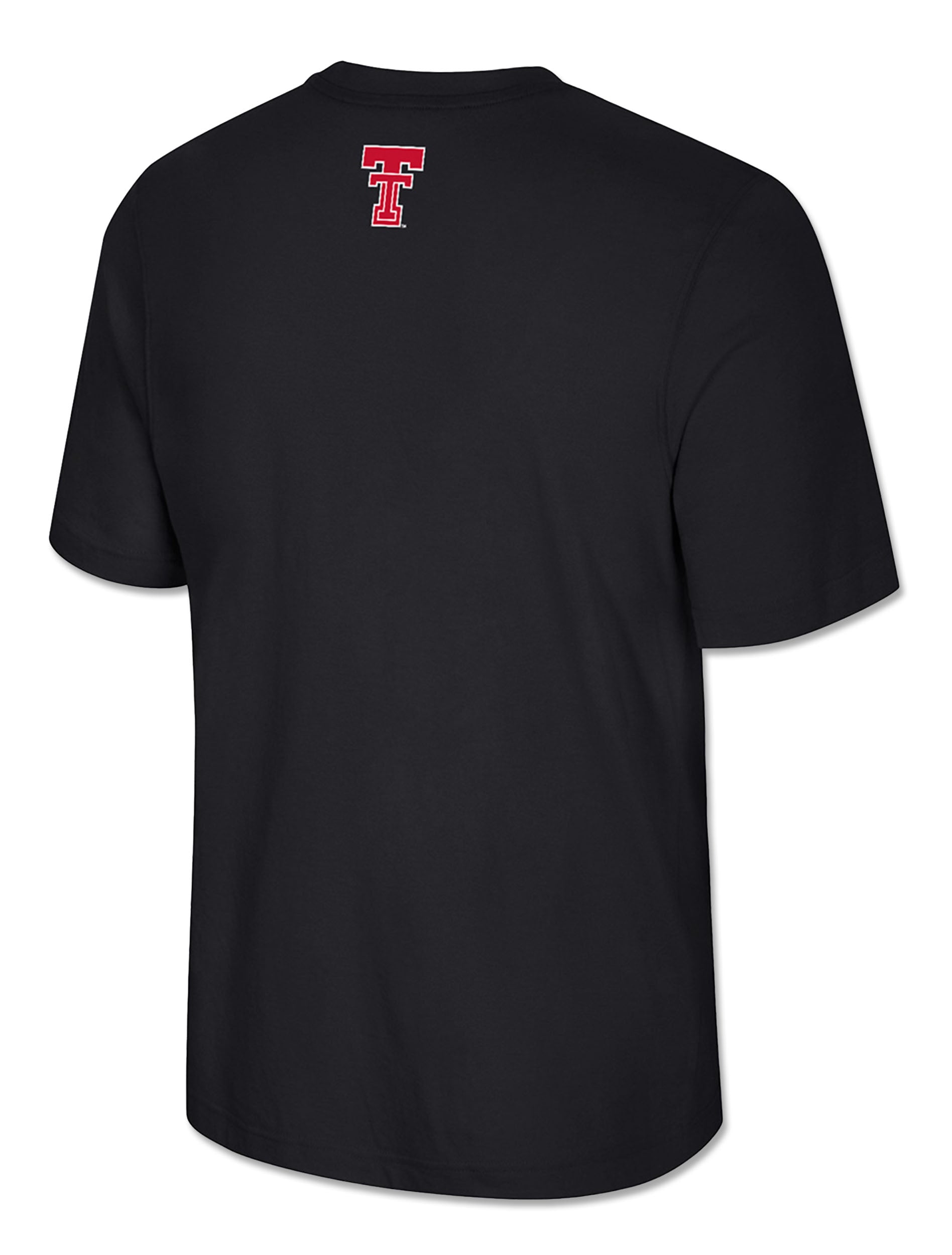 Back of the black poly tee with a Double T printed high below the collar