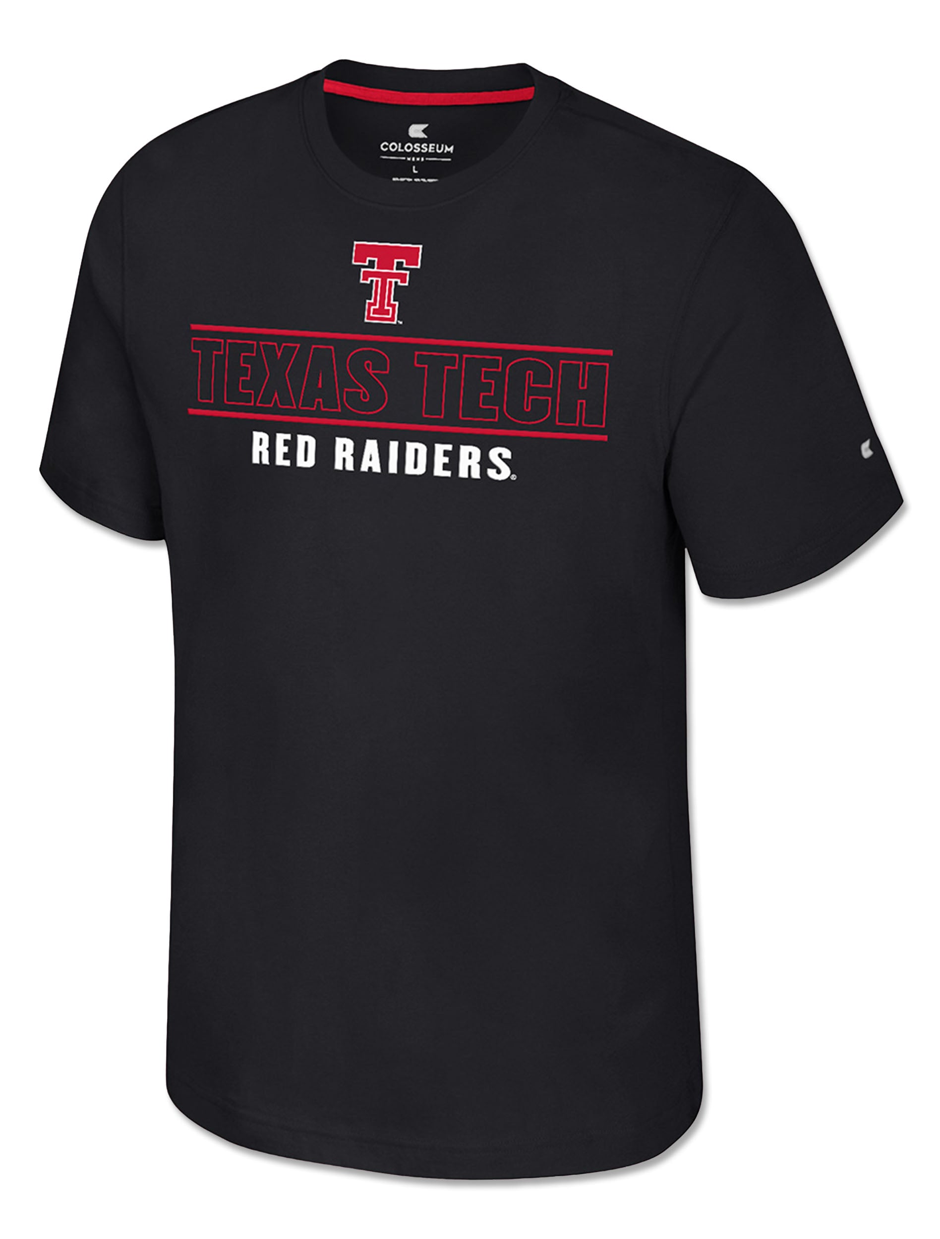 Front of the black poly tee with the Double T above a framed TEXAS TECH wordmark and RED RAIDERS beneath