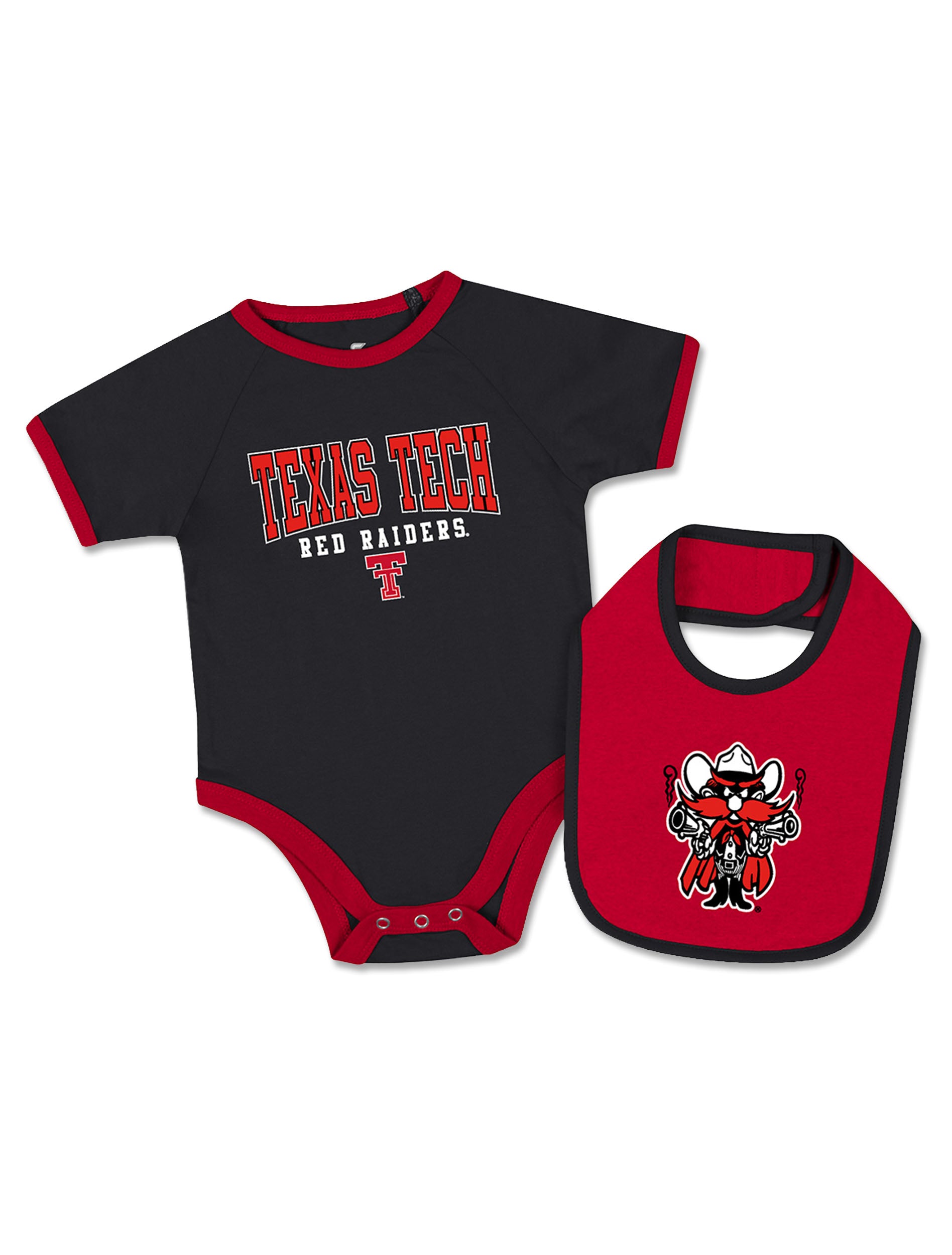 Black Texas Tech infant onesie with red ringer trim and TEXAS TECH over RED RAIDERS and the Double T, shown with a matching red Raider Red bib