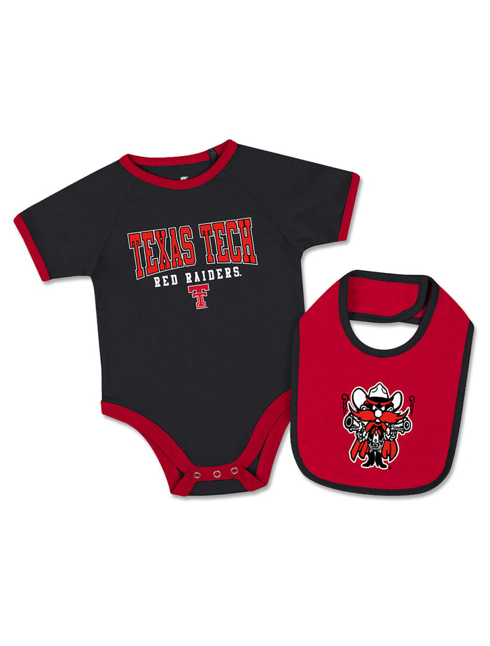Black Texas Tech infant onesie with red ringer trim and TEXAS TECH over RED RAIDERS and the Double T, shown with a matching red Raider Red bib