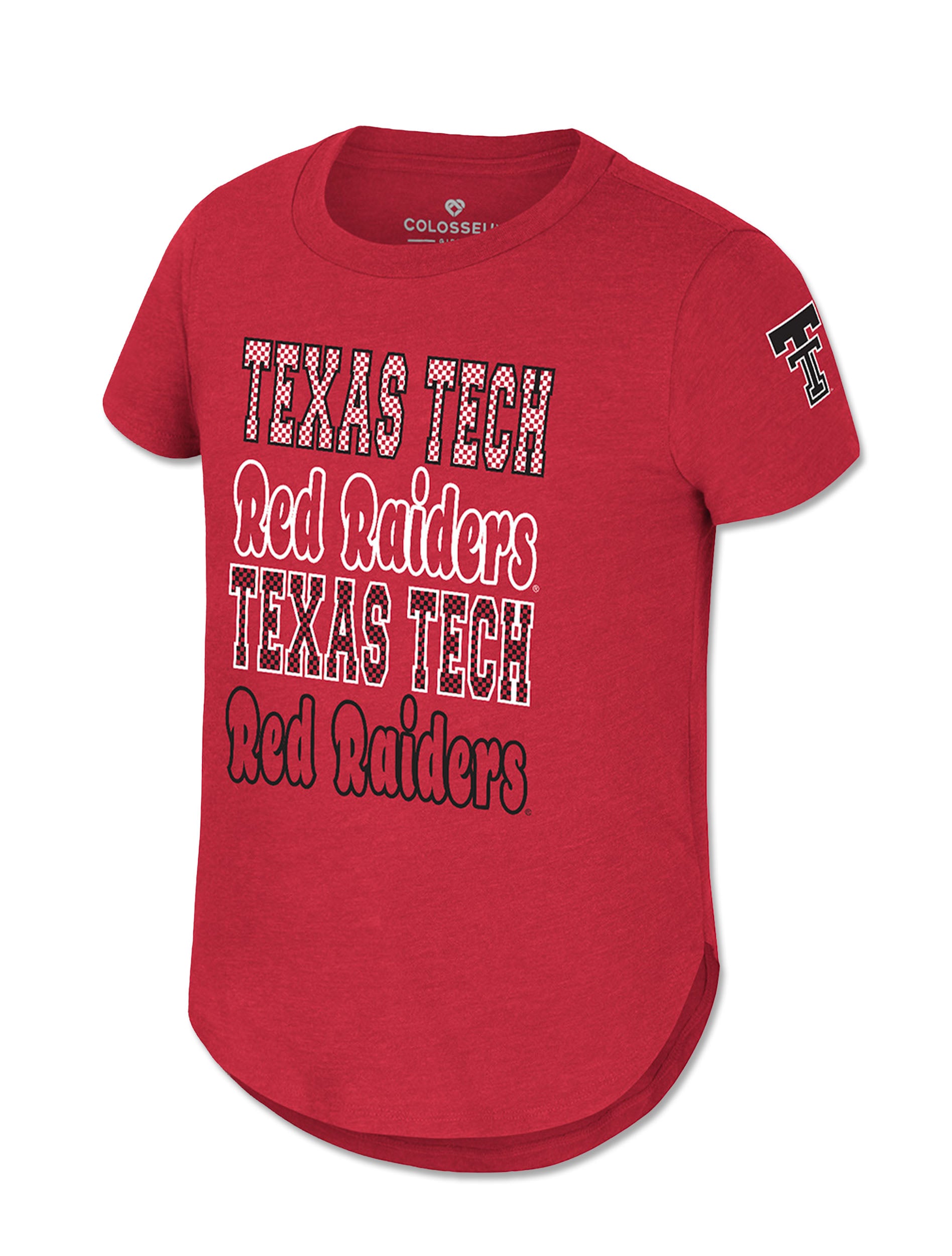 Red Texas Tech girls tee with TEXAS TECH and Red Raiders stacked four lines deep in checkerboard and bubble lettering, with a Double T on the sleeve