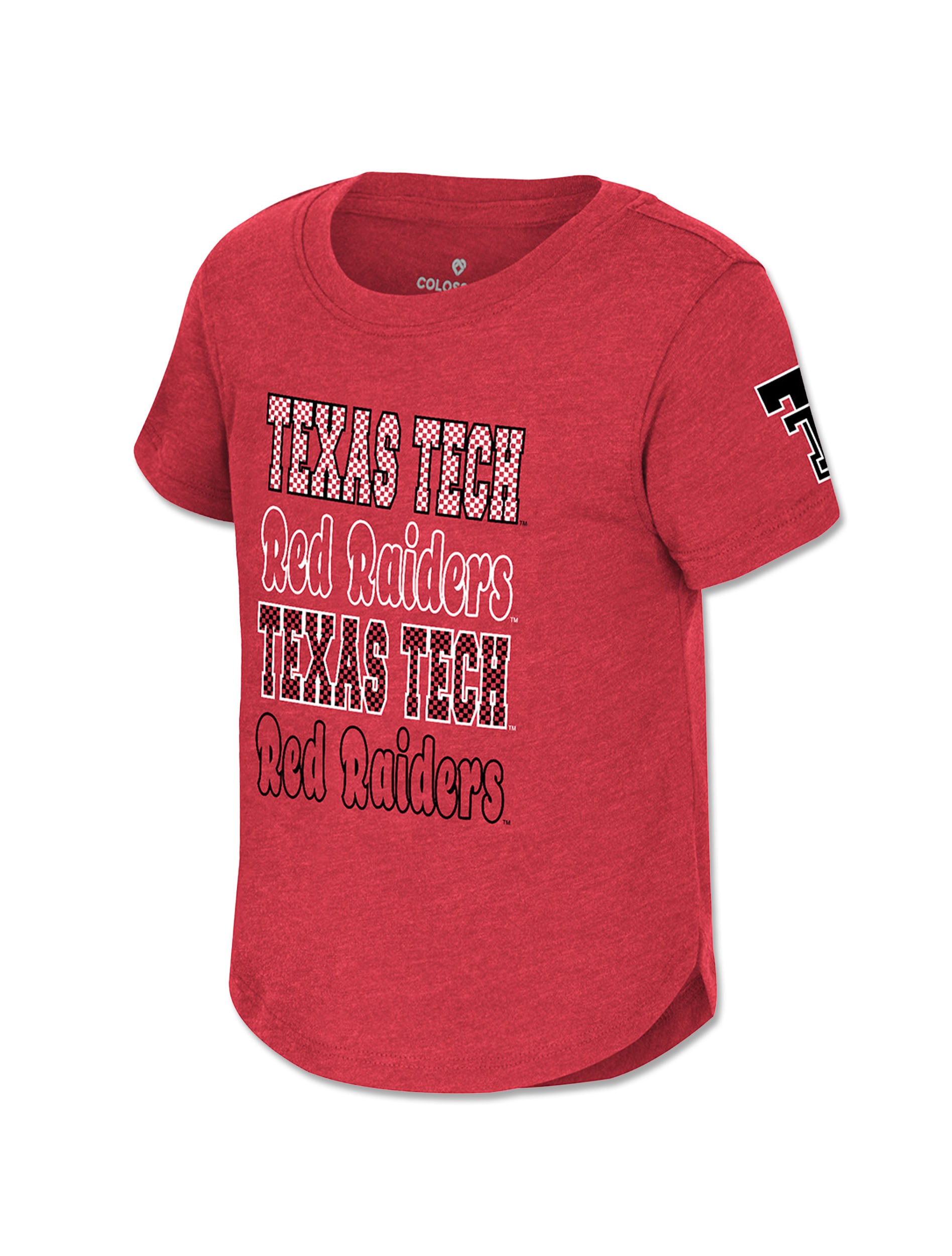 Red Texas Tech toddler tee with TEXAS TECH and Red Raiders stacked four lines deep in checkerboard and bubble lettering, with a Double T on the sleeve