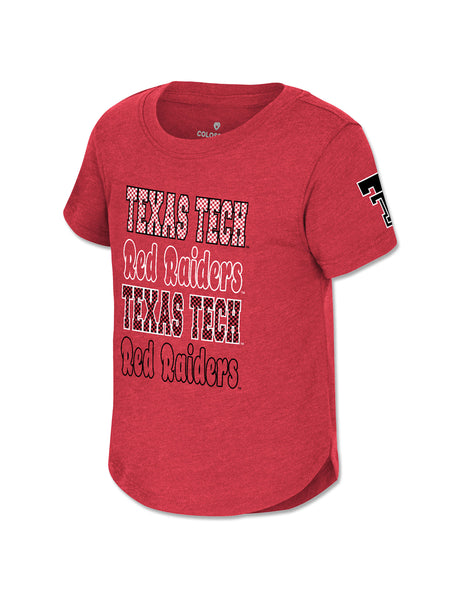 Red Texas Tech toddler tee with TEXAS TECH and Red Raiders stacked four lines deep in checkerboard and bubble lettering, with a Double T on the sleeve