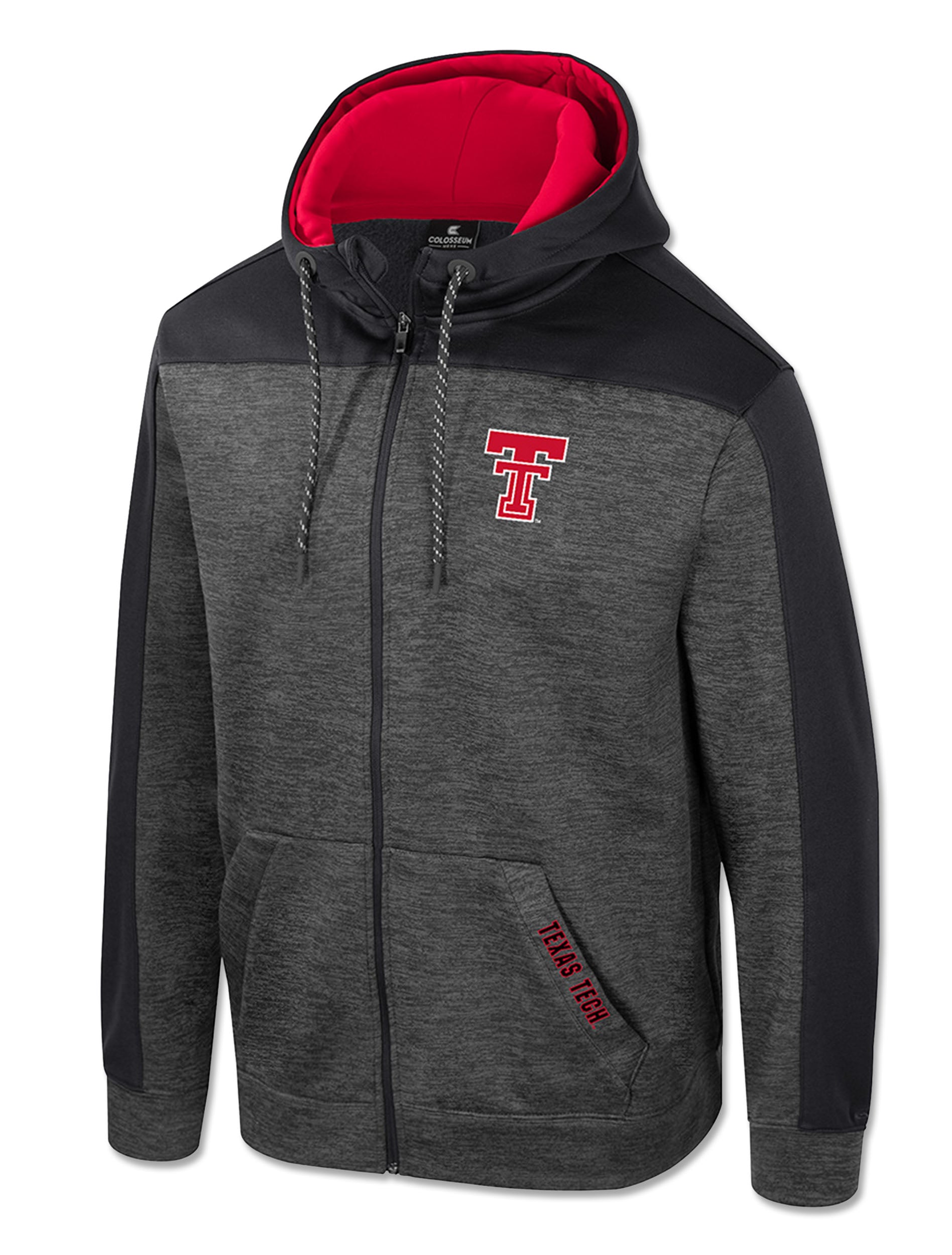 Charcoal full zip fleece hoodie with a red lined hood, black yoke and sleeve panels, the Double T at the left chest, and TEXAS TECH printed vertically beside the pocket