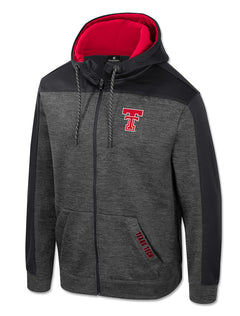 Charcoal full zip fleece hoodie with a red lined hood, black yoke and sleeve panels, the Double T at the left chest, and TEXAS TECH printed vertically beside the pocket