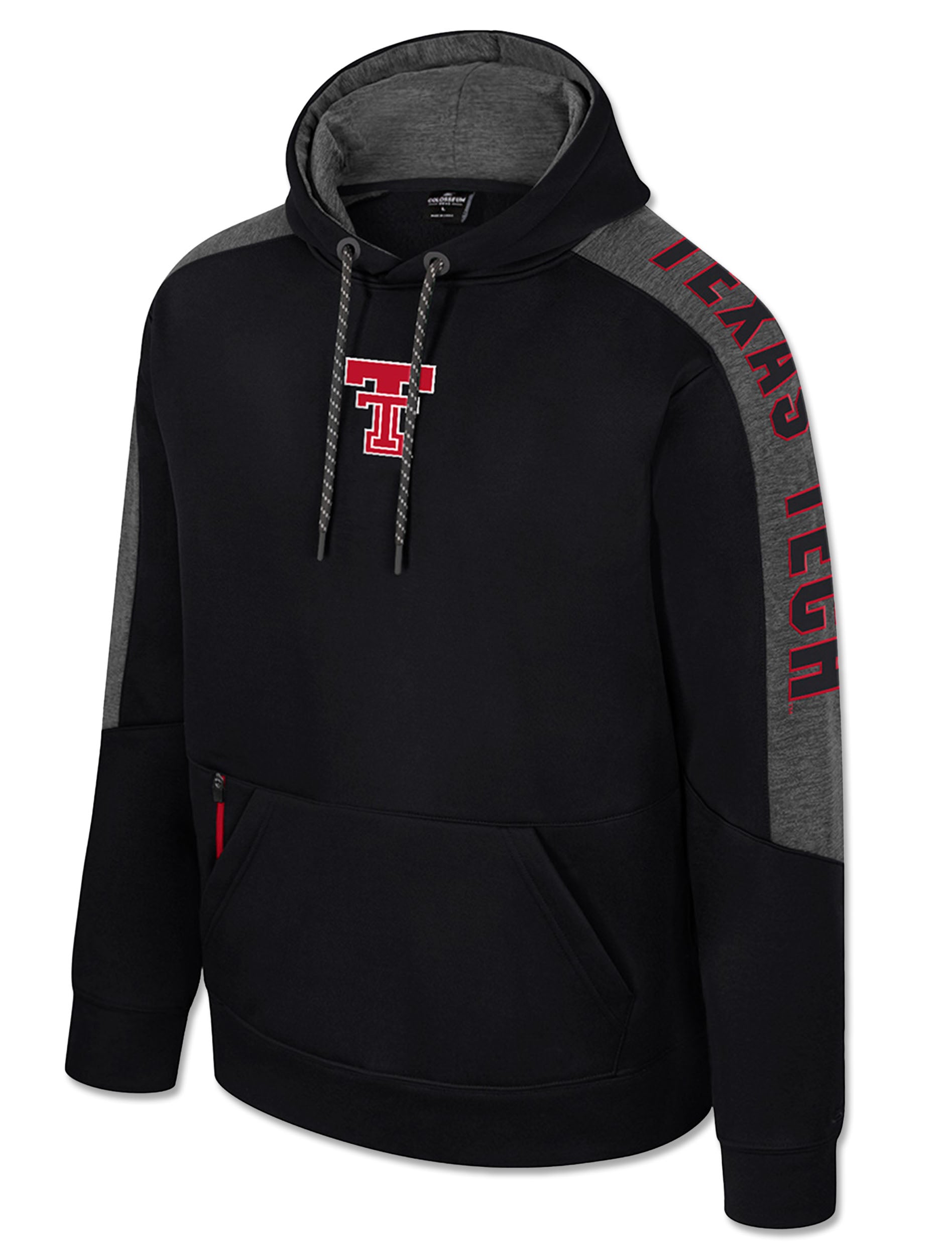 Black pullover fleece hoodie with heathered raglan sleeve panels, TEXAS TECH printed vertically down one sleeve, and the Double T at the left chest