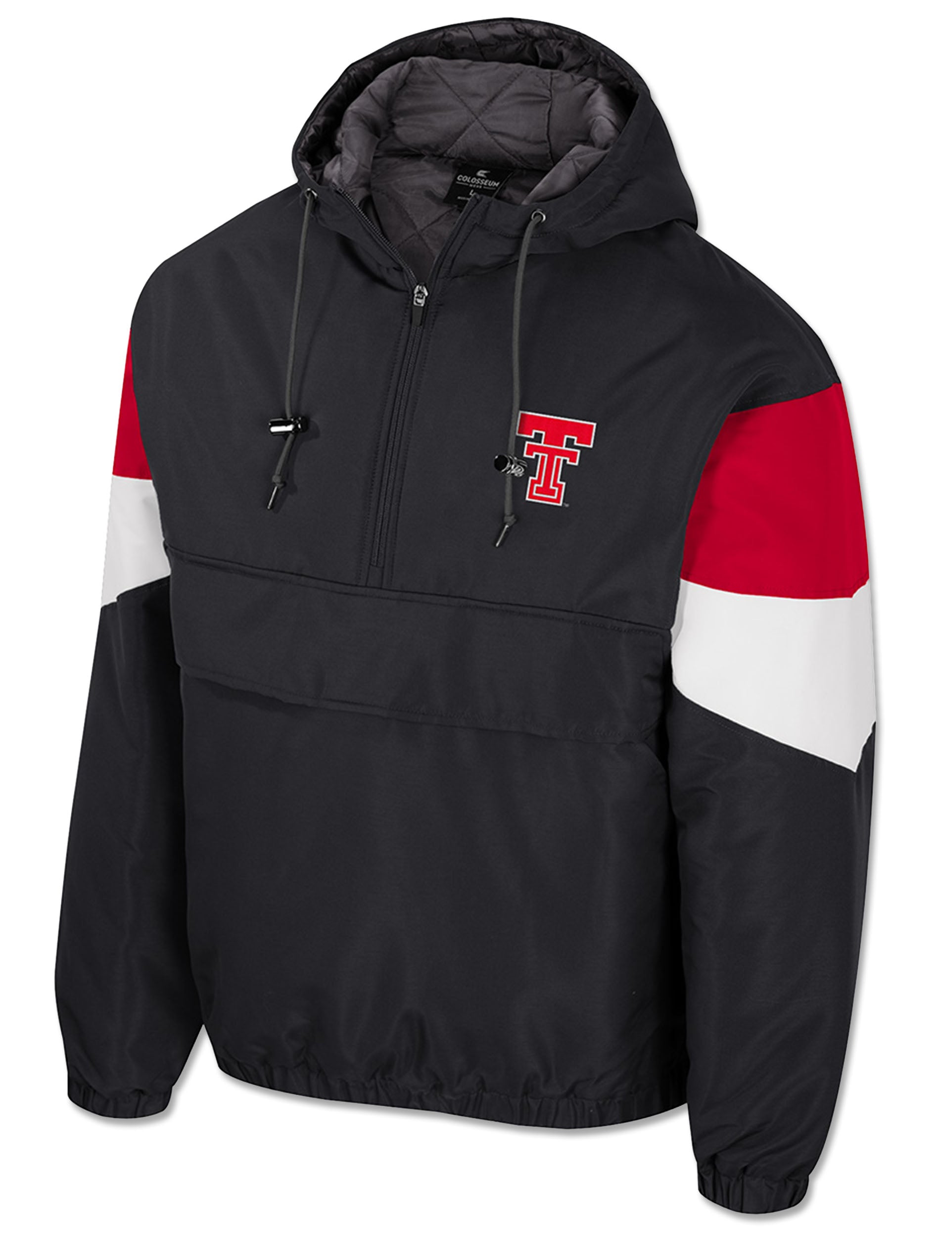 Black half zip pullover puffer with red and white colorblock panels across the shoulders and sleeves, a drawcord hood, and the Double T at the left chest