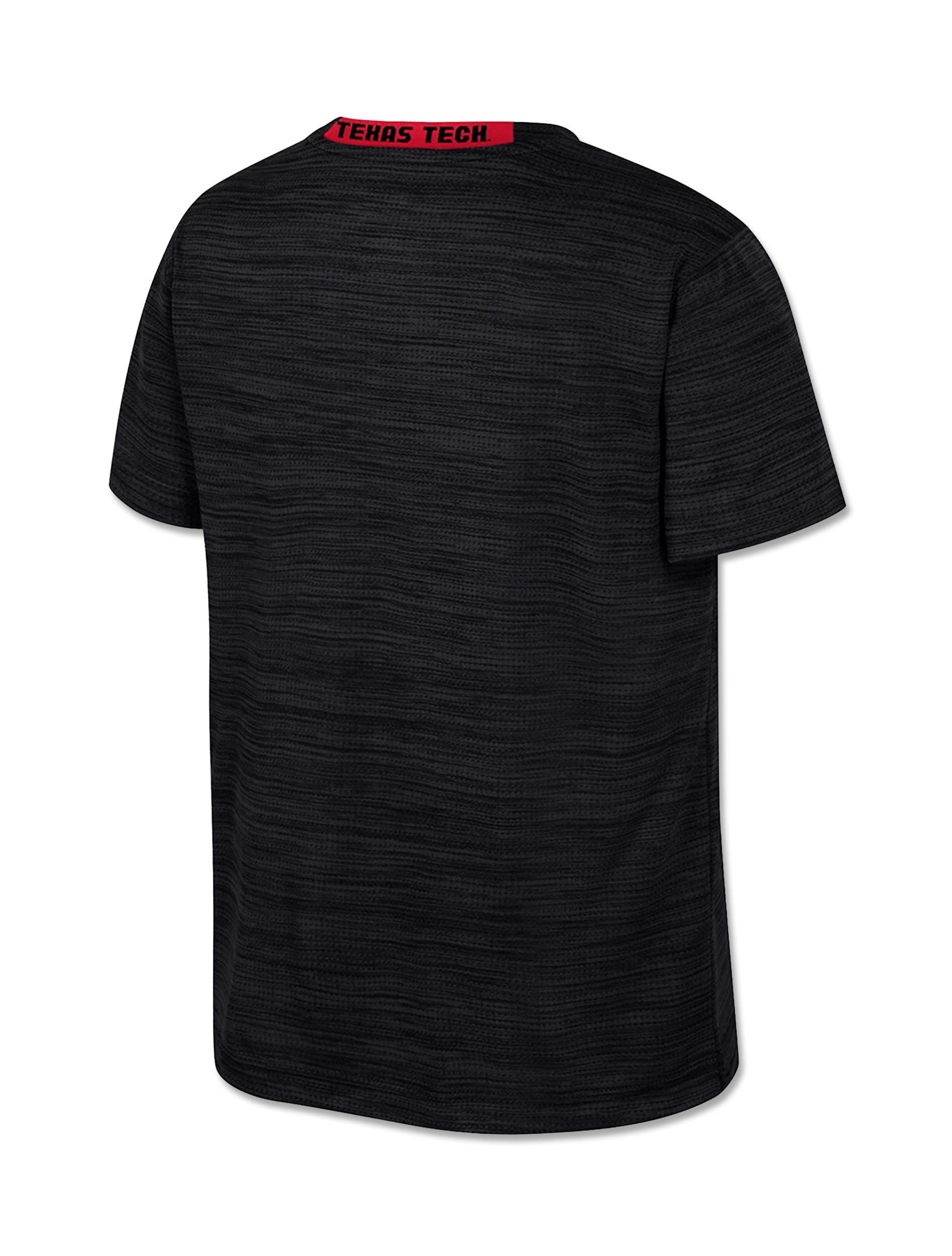 Back of a heather charcoal Texas Tech youth tee with WRECK EM TECH arched above the red Lone Star Pride logo
