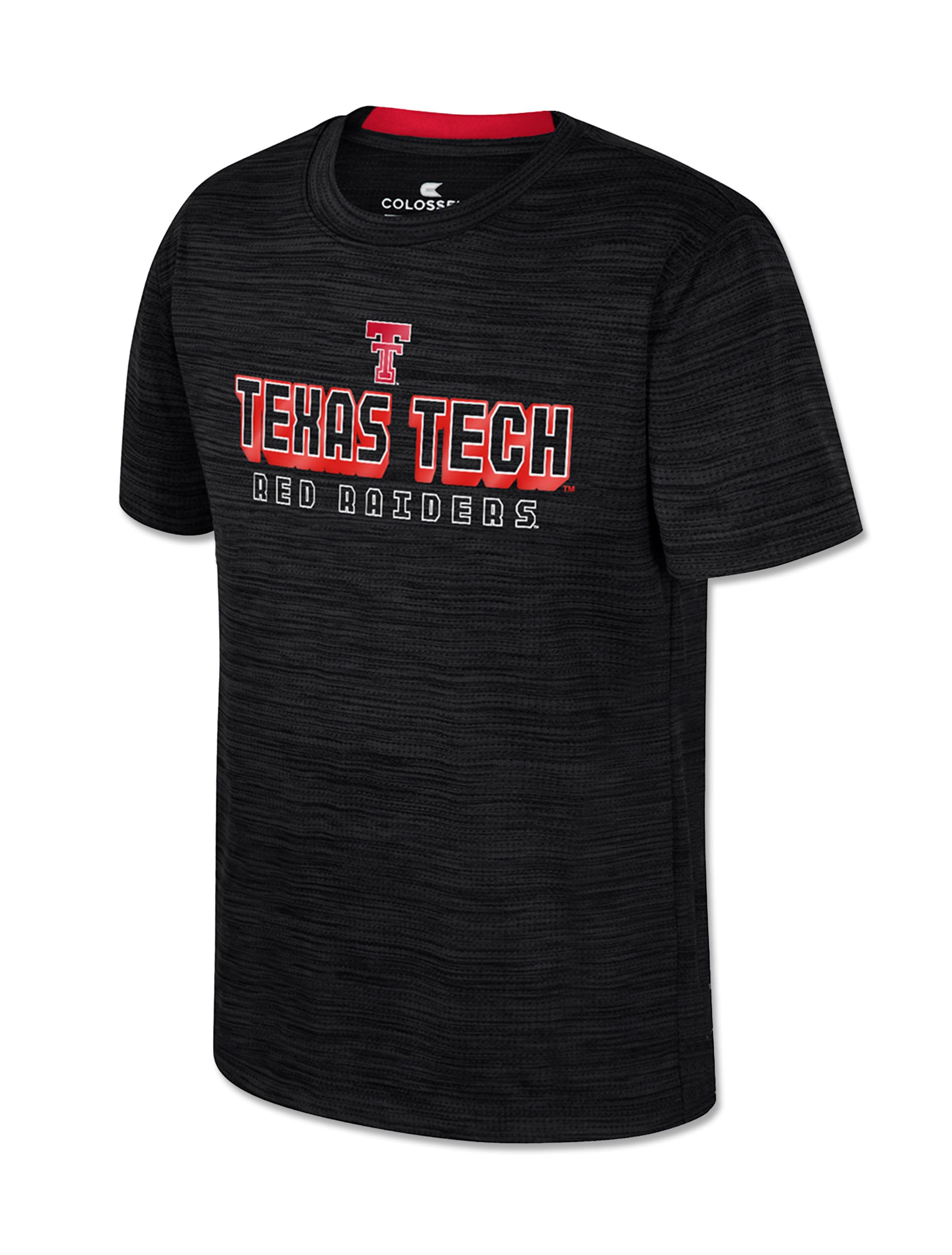 Front of a heather charcoal Texas Tech youth tee with TEXAS TECH angled across the chest, RED RAIDERS stacked vertically beside it and a red Double T below