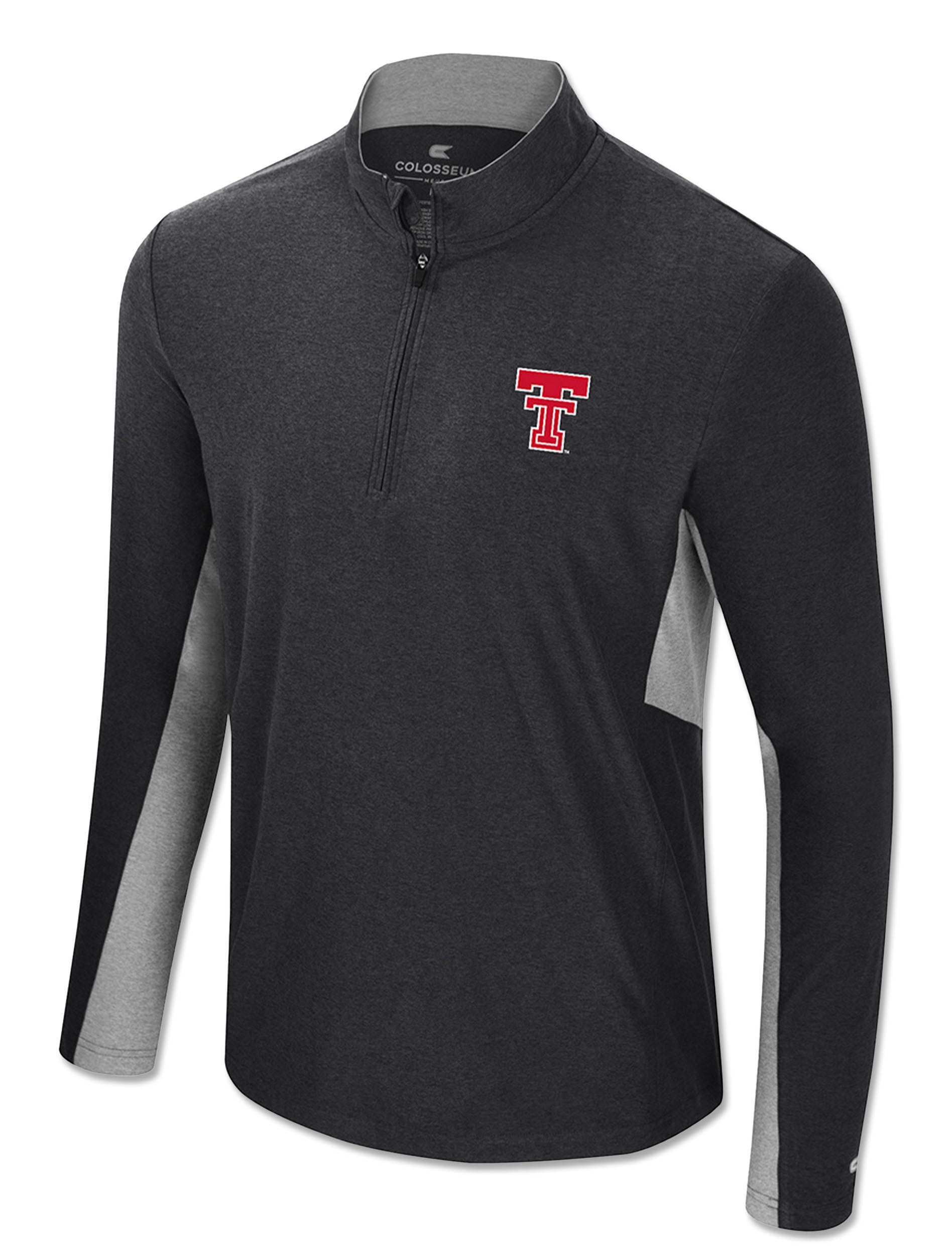 Black quarter zip windshirt with heather grey side and underarm panels, a stand collar, and the Double T at the left chest