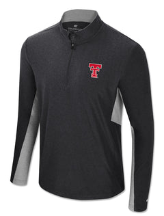 Black quarter zip windshirt with heather grey side and underarm panels, a stand collar, and the Double T at the left chest