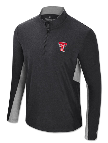 Black quarter zip windshirt with heather grey side and underarm panels, a stand collar, and the Double T at the left chest