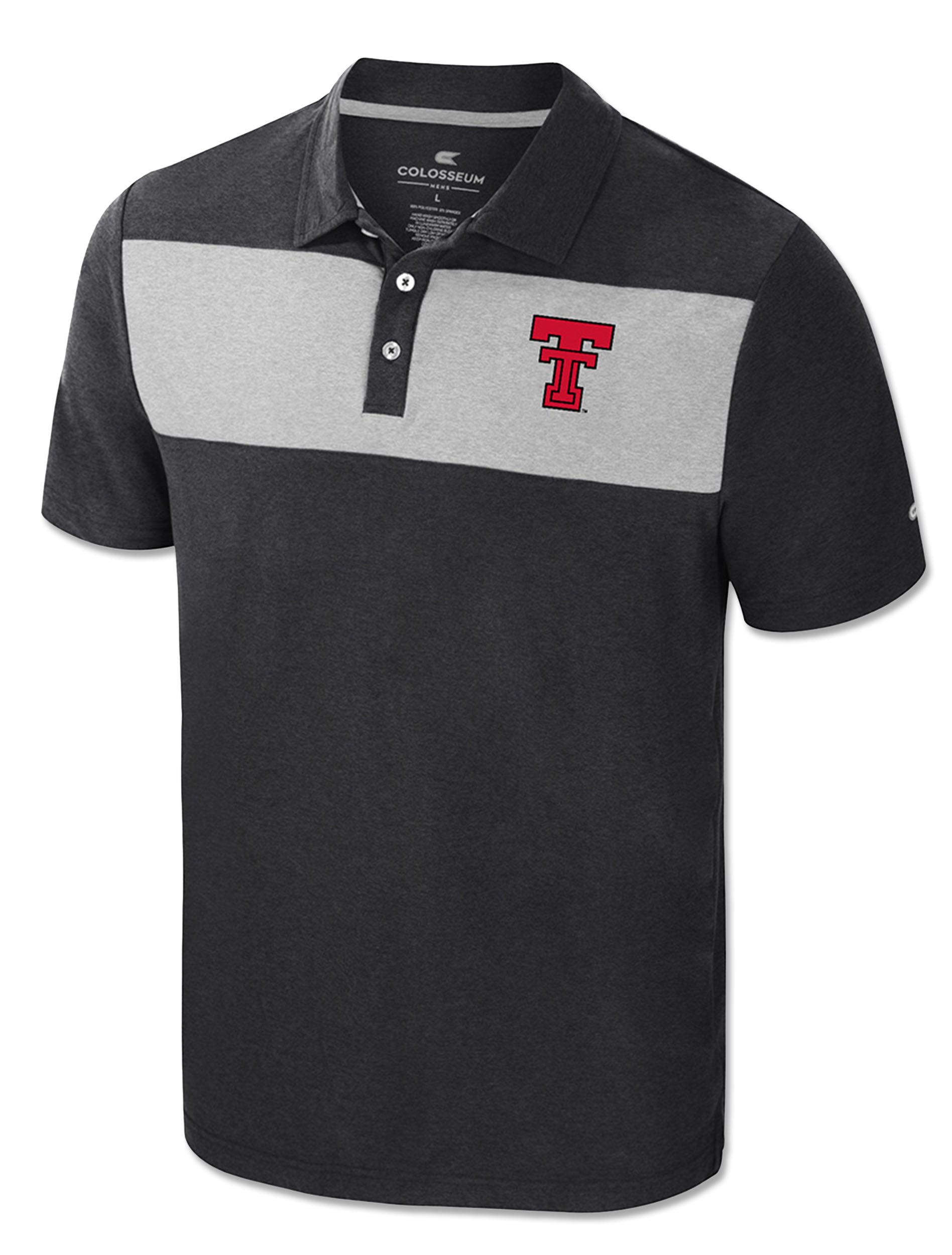 Black polo with a heather grey chest panel running shoulder to shoulder and the Double T at the left chest