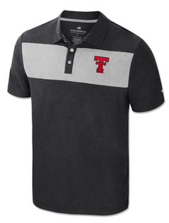 Black polo with a heather grey chest panel running shoulder to shoulder and the Double T at the left chest