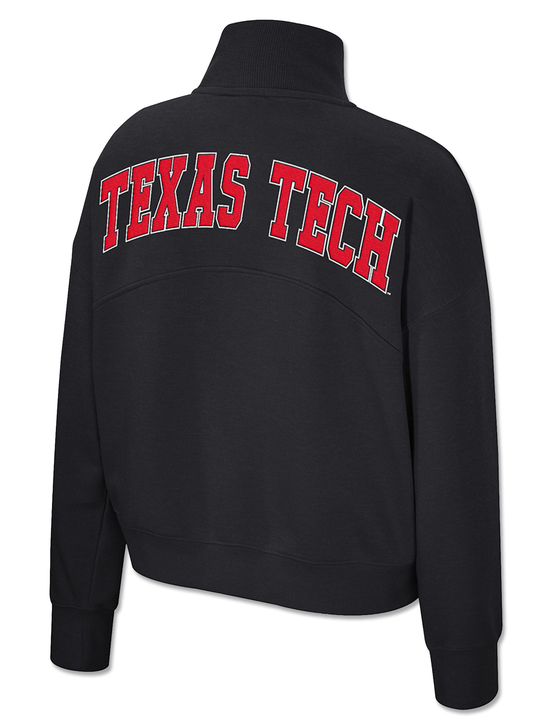 Back of a black Texas Tech women's half zip fleece with TEXAS TECH arched across the upper back in red with a white outline