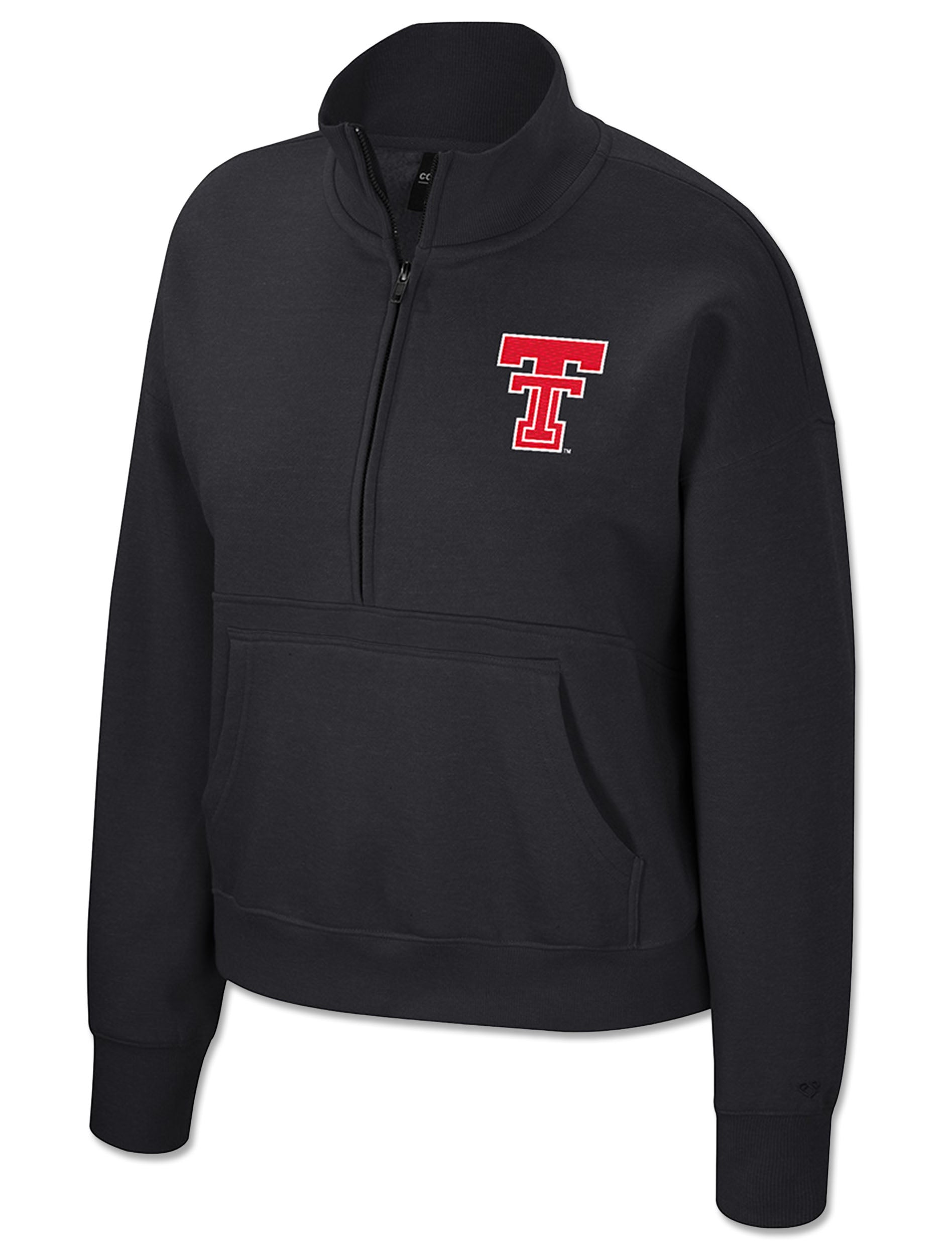 Front of a black Texas Tech women's half zip fleece with a stand collar, kangaroo pocket and a red Double T at the left chest