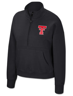 Front of a black Texas Tech women's half zip fleece with a stand collar, kangaroo pocket and a red Double T at the left chest