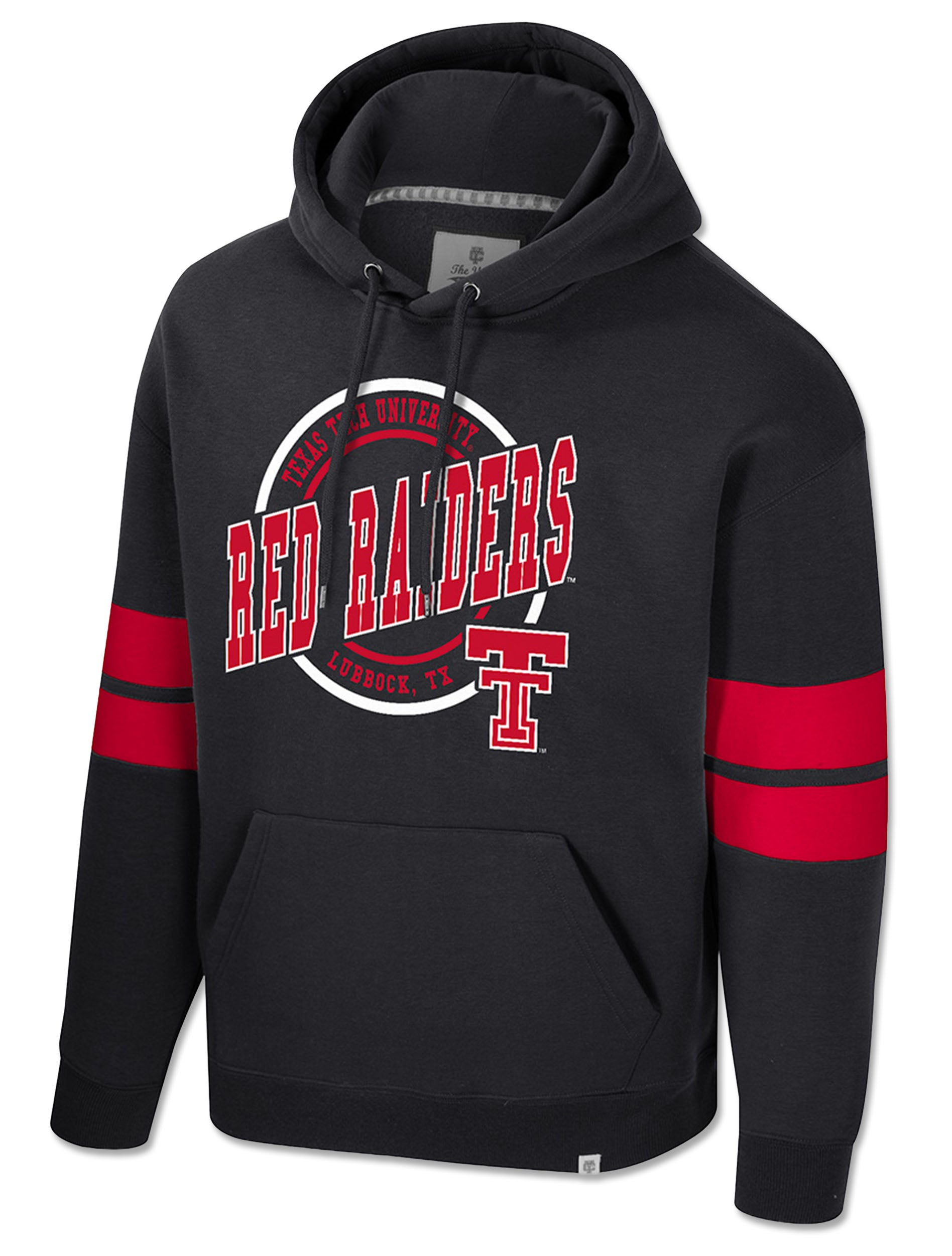 Black Texas Tech hooded sweatshirt with a white circle logo reading TEXAS TECH UNIVERSITY, RED RAIDERS and LUBBOCK, TX in red, a red Double T, and red and black stripes on both sleeves