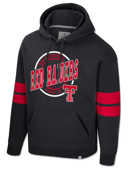 Black Texas Tech hooded sweatshirt with a white circle logo reading TEXAS TECH UNIVERSITY, RED RAIDERS and LUBBOCK, TX in red, a red Double T, and red and black stripes on both sleeves