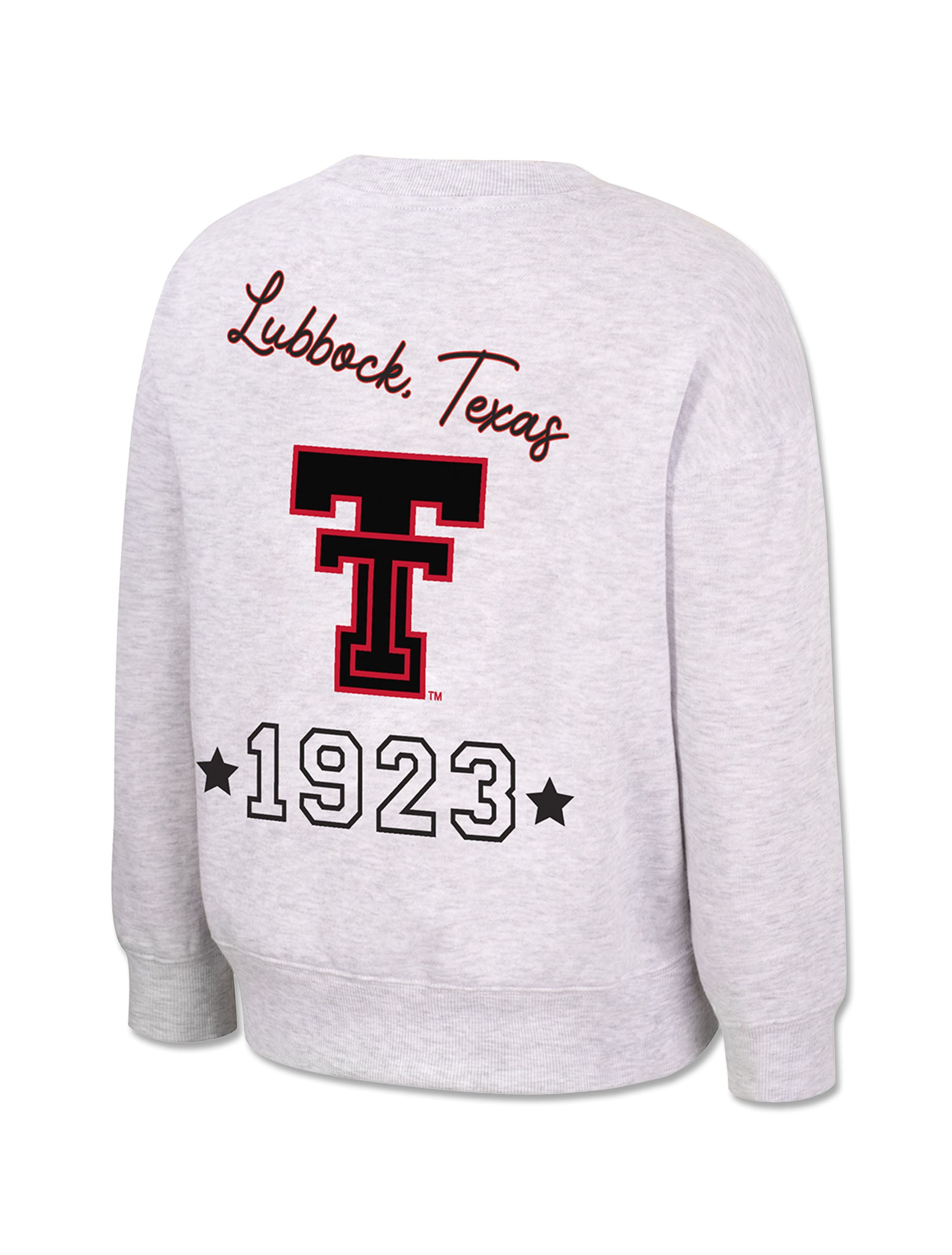 Back of a light heather grey Texas Tech girls crewneck with Lubbock, Texas in script above a large Double T and 1923 between two stars