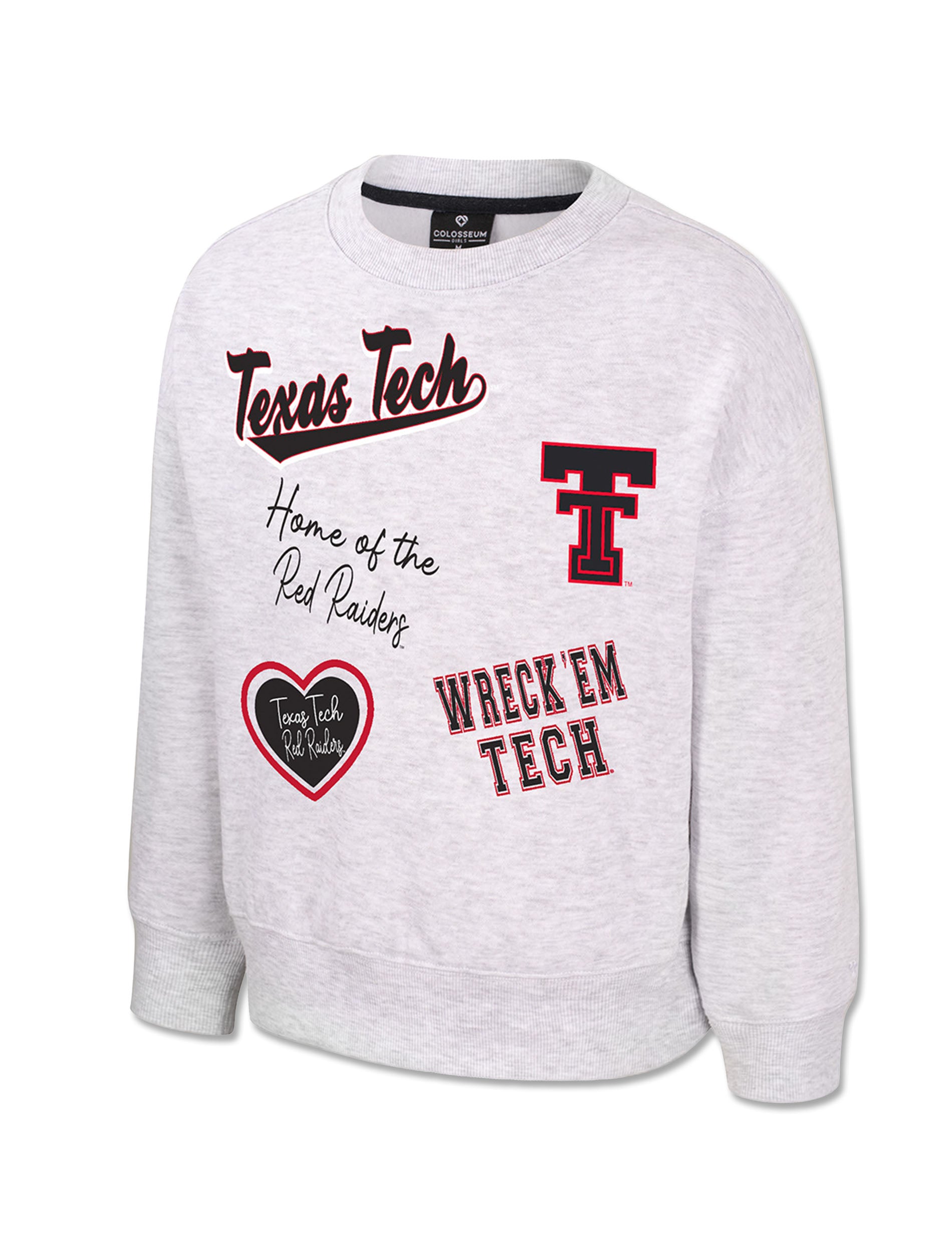 Front of a light heather grey Texas Tech girls crewneck with a Texas Tech script, Home of the Red Raiders in handwriting, a heart patch, WRECK EM TECH and a Double T
