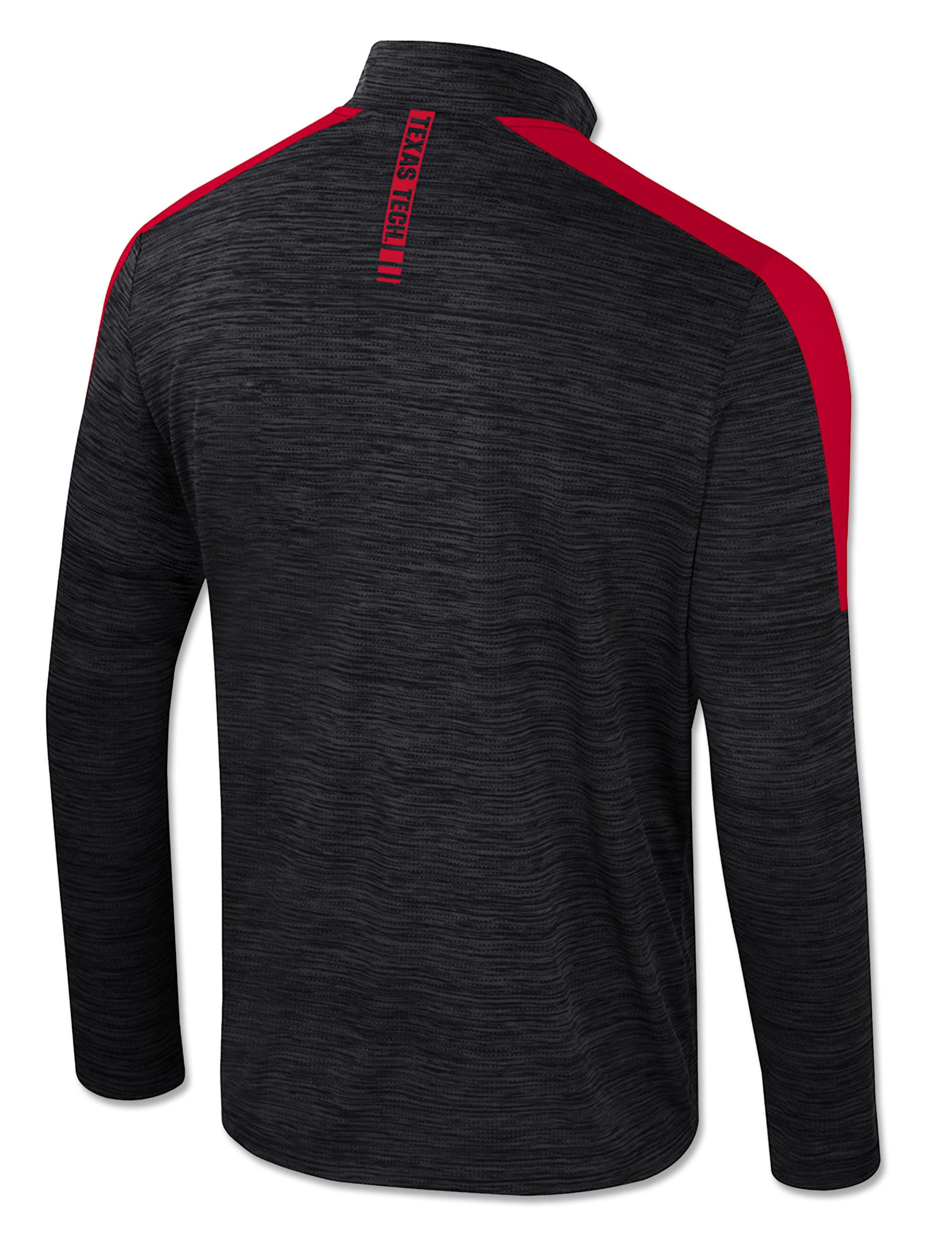 Back of the black quarter zip windshirt with red shoulder panels and TEXAS TECH printed vertically below the collar