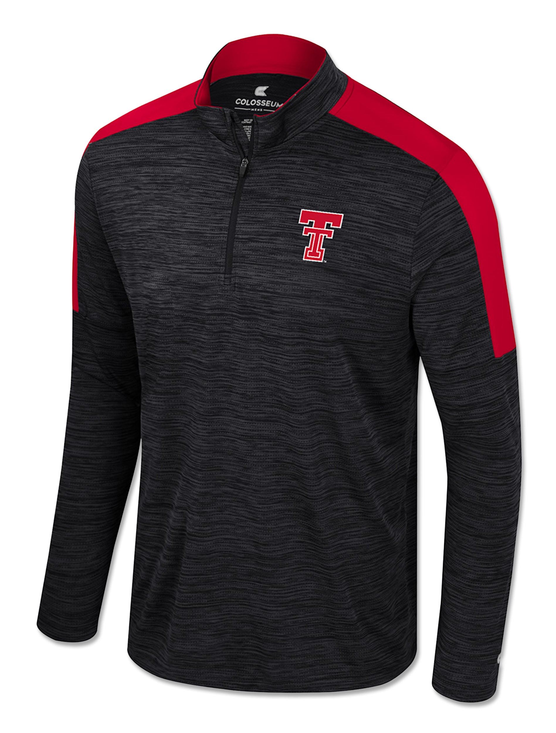 Front of the black quarter zip windshirt with red shoulder panels, a stand collar, and the Double T at the left chest
