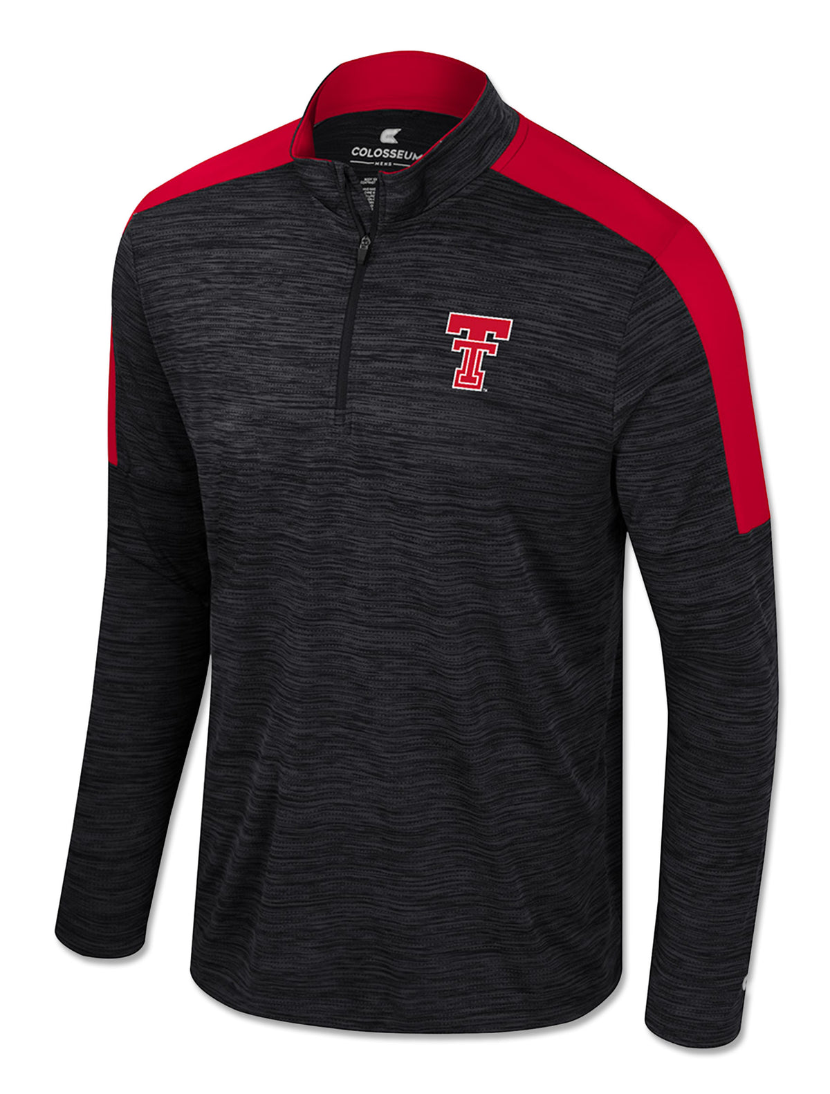 Front of the black quarter zip windshirt with red shoulder panels, a stand collar, and the Double T at the left chest
