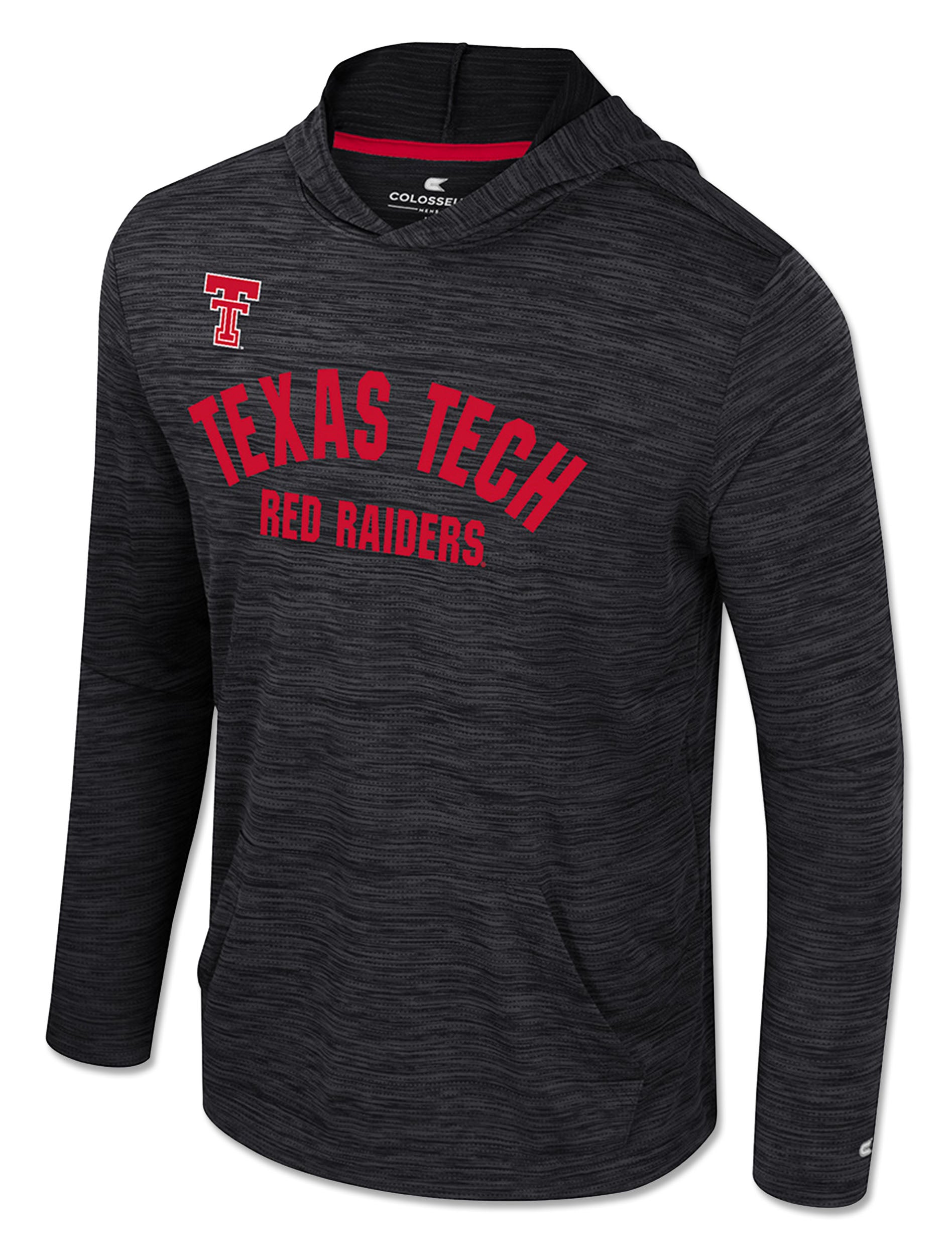 Black space dyed hooded pullover with the Double T above arched TEXAS TECH and RED RAIDERS lettering in red on the chest