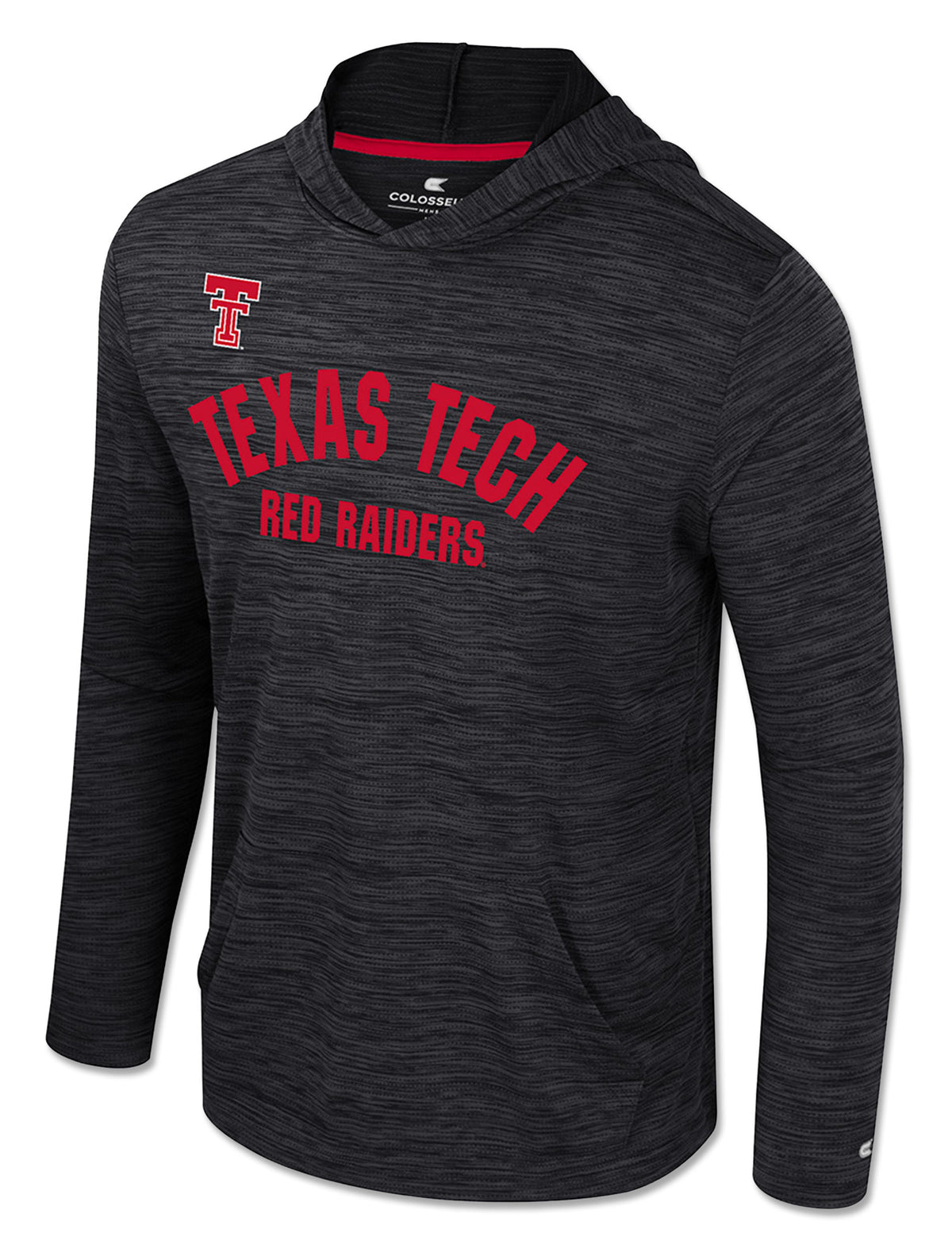 Black space dyed hooded pullover with the Double T above arched TEXAS TECH and RED RAIDERS lettering in red on the chest