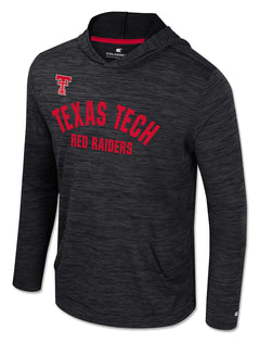 Black space dyed hooded pullover with the Double T above arched TEXAS TECH and RED RAIDERS lettering in red on the chest