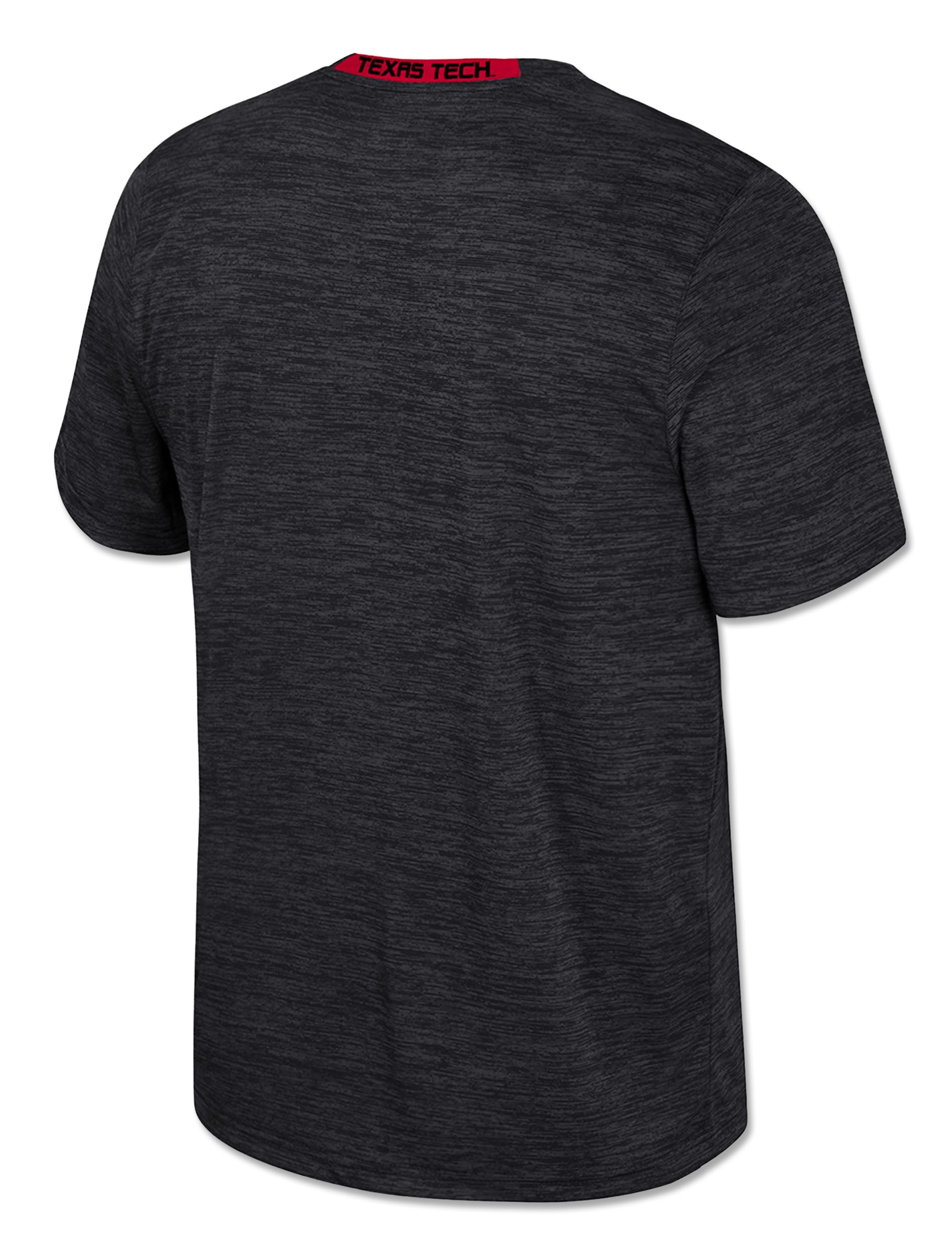 Back of the black space dyed performance tee, plain with a red inner neck tape printed TEXAS TECH