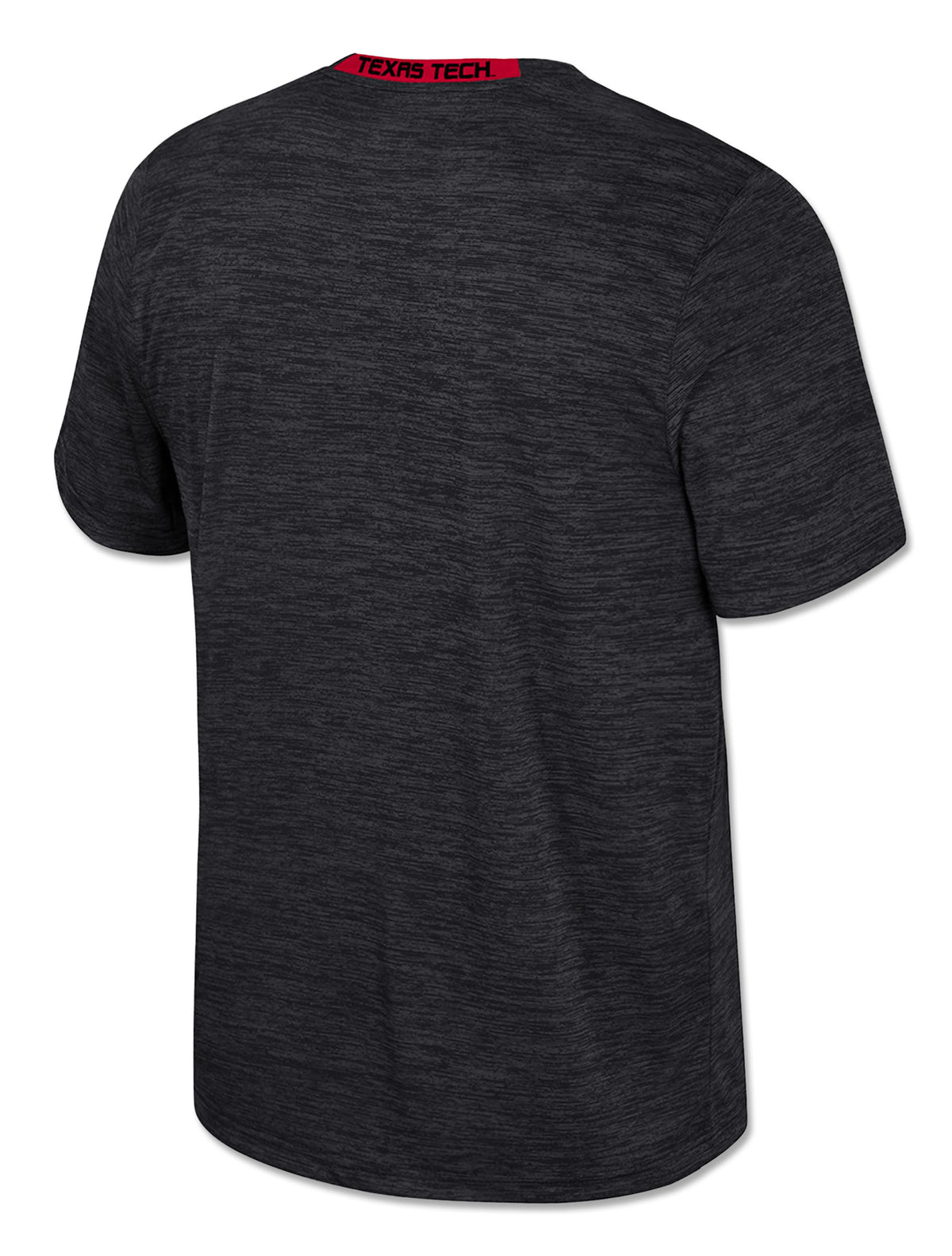 Back of the black space dyed performance tee, plain with a red inner neck tape printed TEXAS TECH