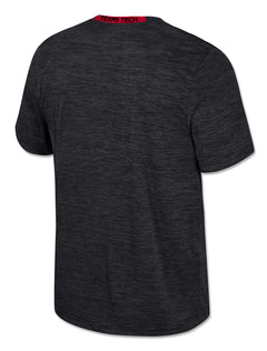 Back of the black space dyed performance tee, plain with a red inner neck tape printed TEXAS TECH