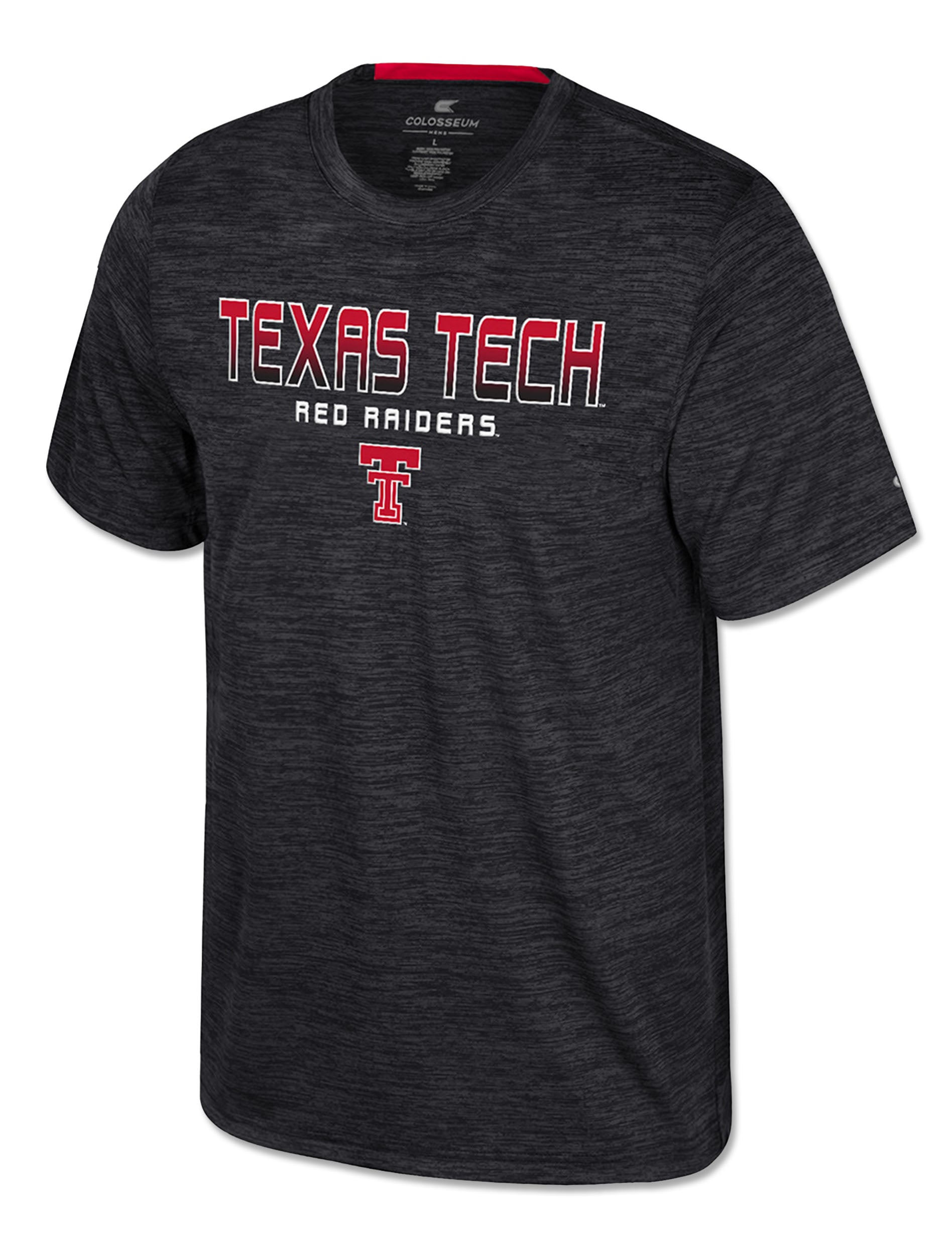 Front of the black space dyed performance tee with arched TEXAS TECH over RED RAIDERS and the Double T centered beneath