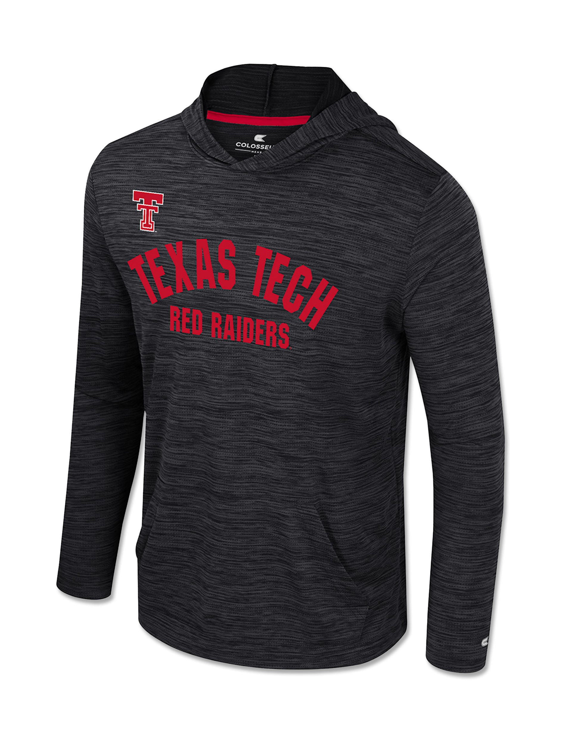 Black Texas Tech youth hooded windshirt in space dyed mesh with a red Double T above arched TEXAS TECH and RED RAIDERS on the chest