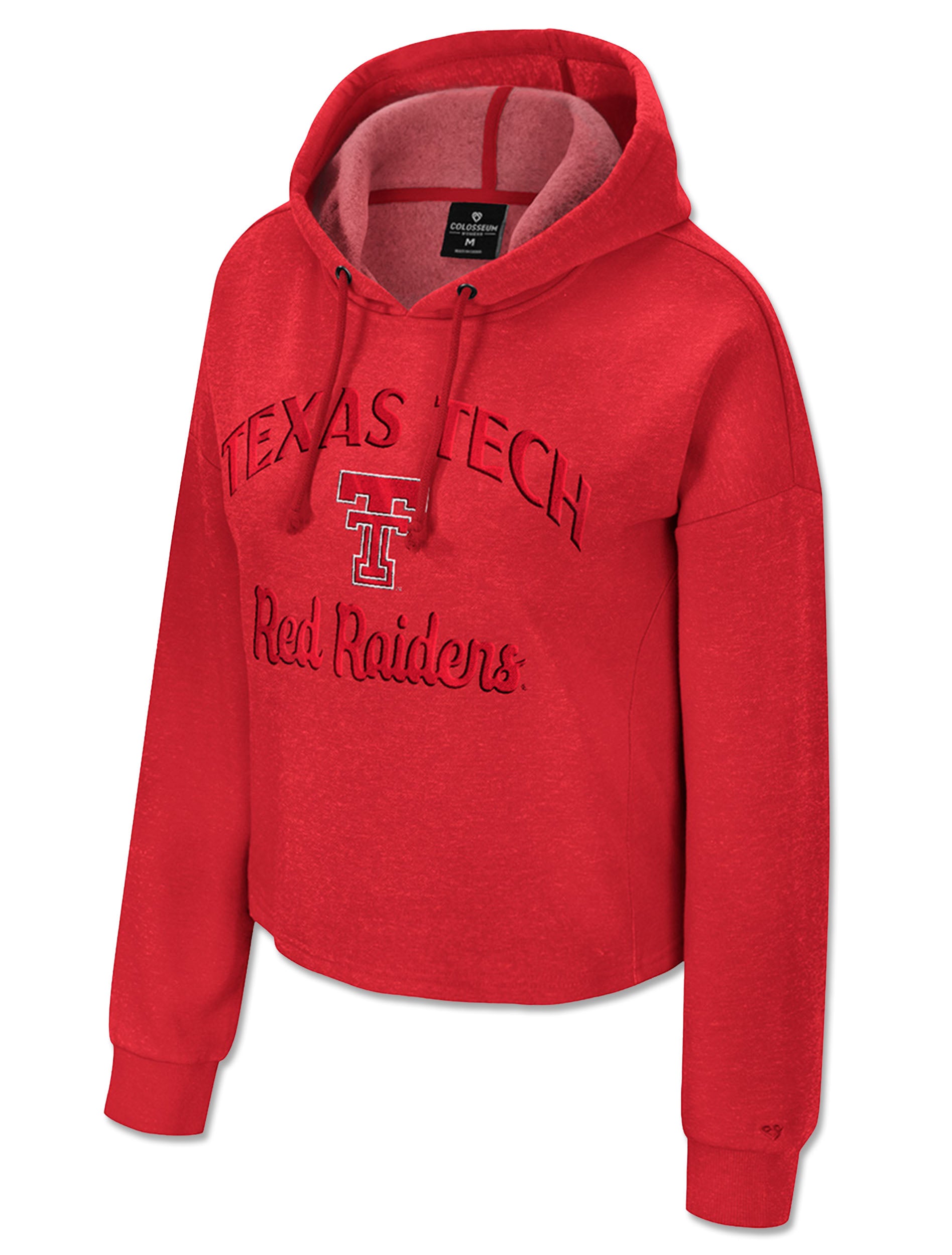 Red Texas Tech women's hoodie with arched TEXAS TECH above the Double T and a Red Raiders script beneath, all in tonal red on red