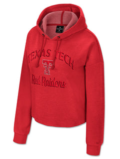 Red Texas Tech women's hoodie with arched TEXAS TECH above the Double T and a Red Raiders script beneath, all in tonal red on red