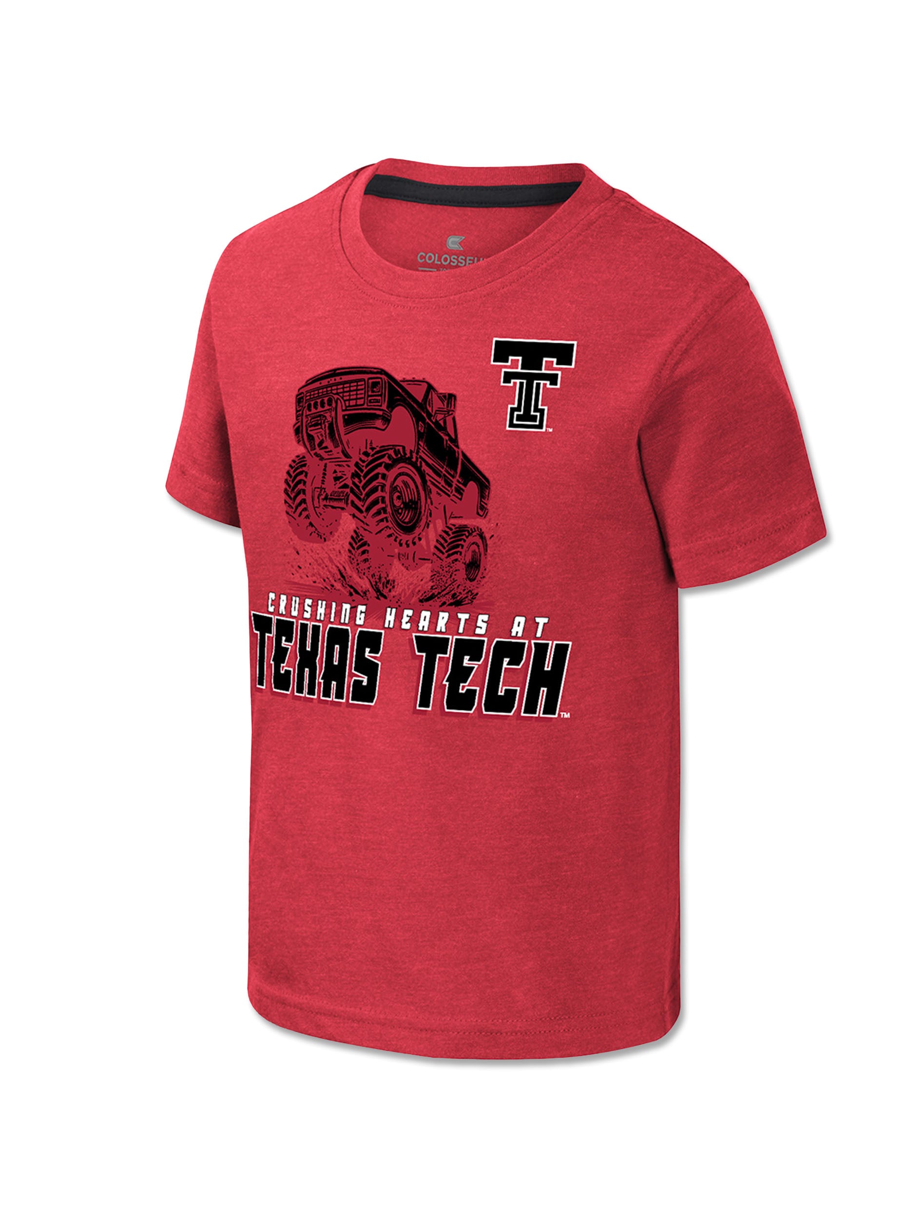 Red Texas Tech toddler tee with a lifted truck throwing dirt above CRUSHING HEARTS AT TEXAS TECH and a Double T at the shoulder