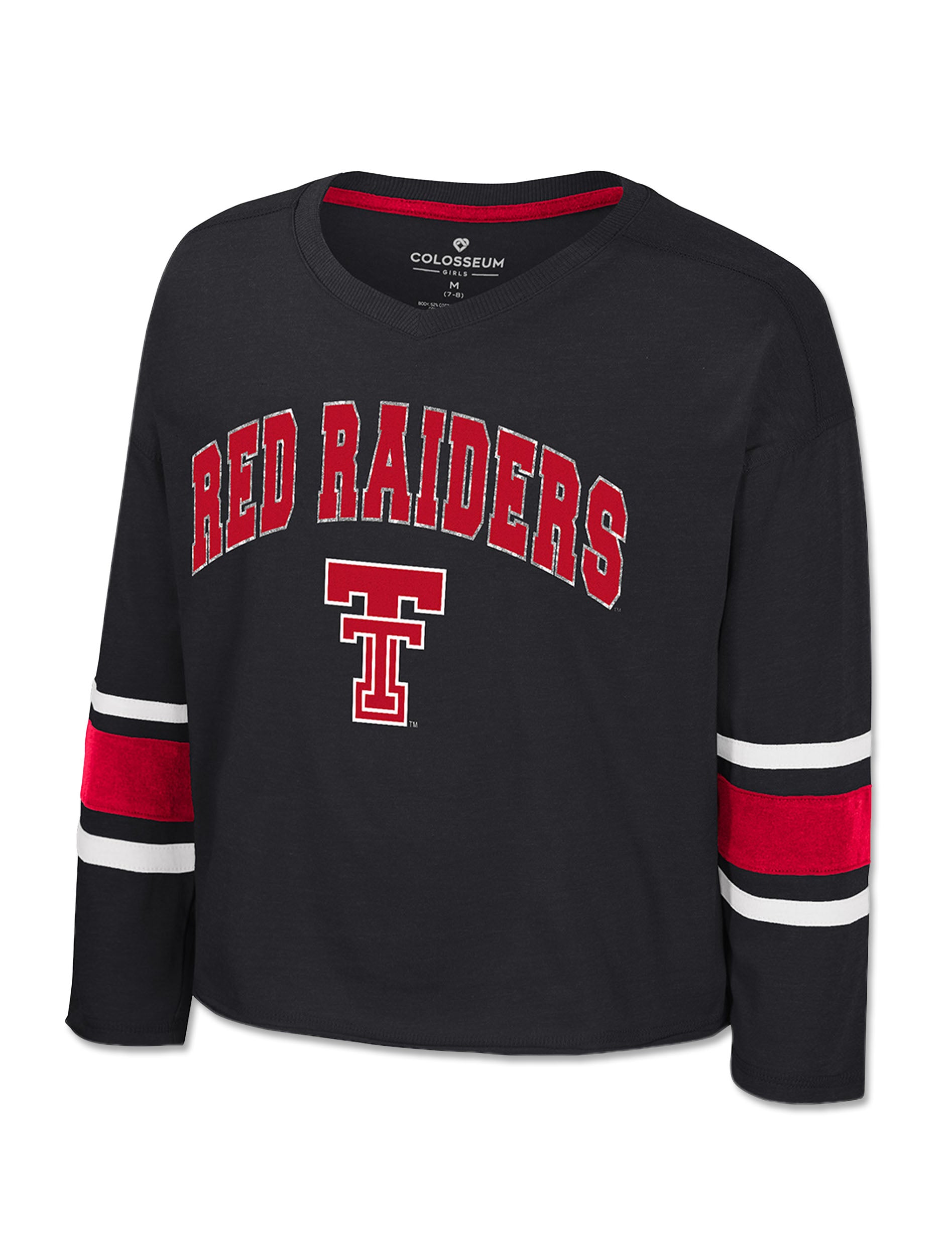 Black Texas Tech girls long sleeve tee with RED RAIDERS arched in red, a red Double T beneath and red, white and black bands on both sleeves