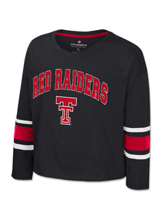 Black Texas Tech girls long sleeve tee with RED RAIDERS arched in red, a red Double T beneath and red, white and black bands on both sleeves