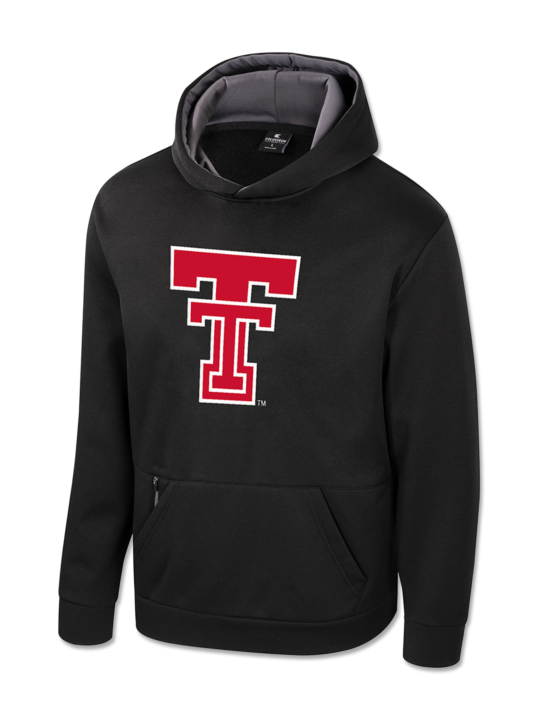 Black Texas Tech youth hoodie with a large red Double T outlined in white at the chest and a grey lined hood
