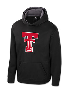 Black Texas Tech youth hoodie with a large red Double T outlined in white at the chest and a grey lined hood