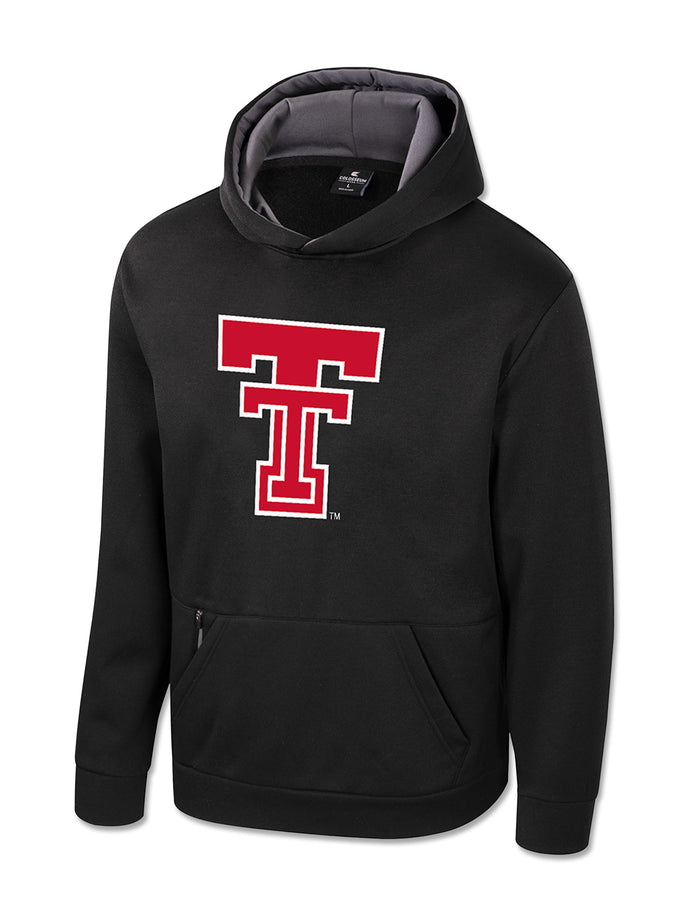 Black Texas Tech youth hoodie with a large red Double T outlined in white at the chest and a grey lined hood