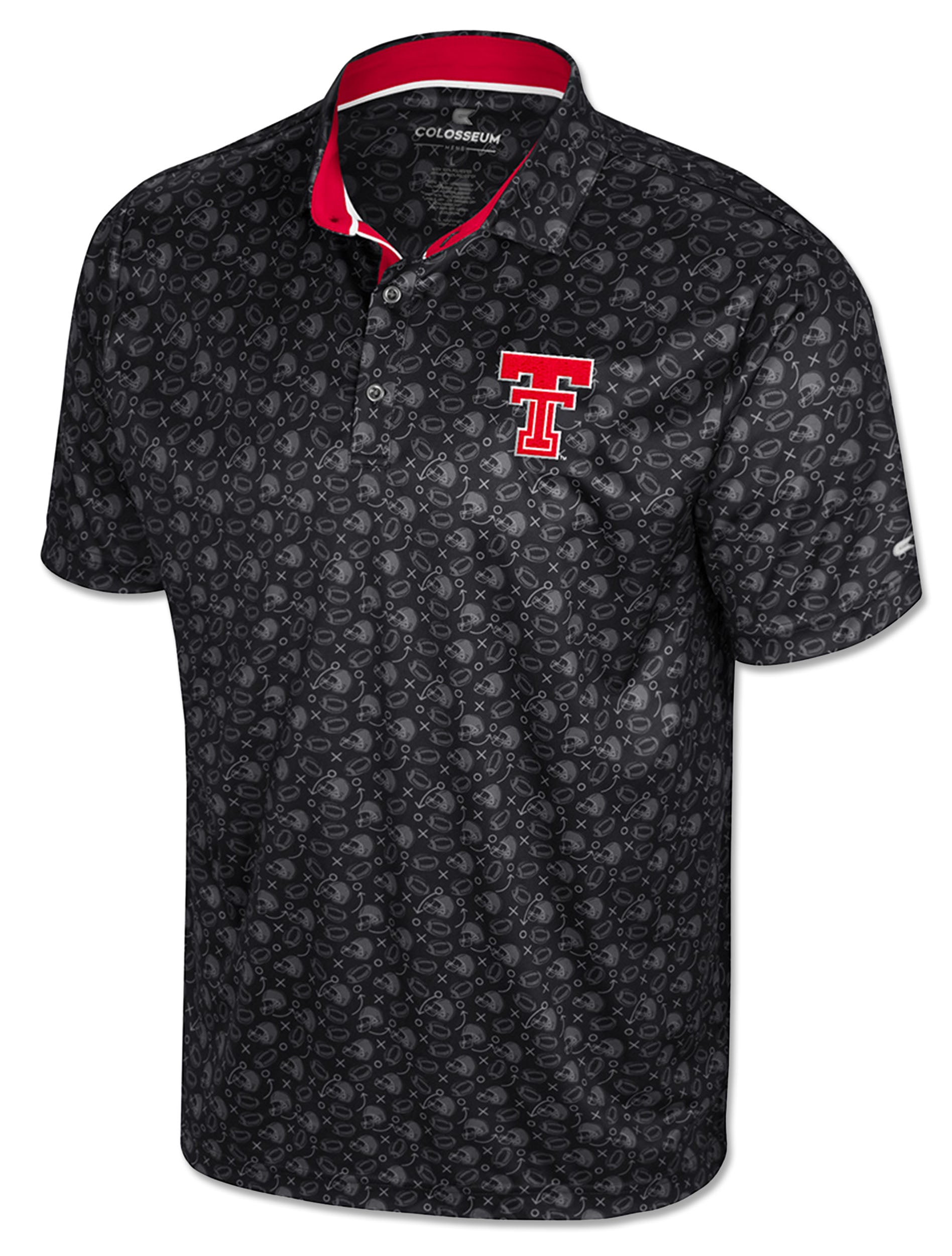 Black polo with an all over tonal print of football helmets, footballs and X and O plays, red and white placket trim, and the Double T at the left chest