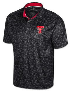 Black polo with an all over tonal print of football helmets, footballs and X and O plays, red and white placket trim, and the Double T at the left chest