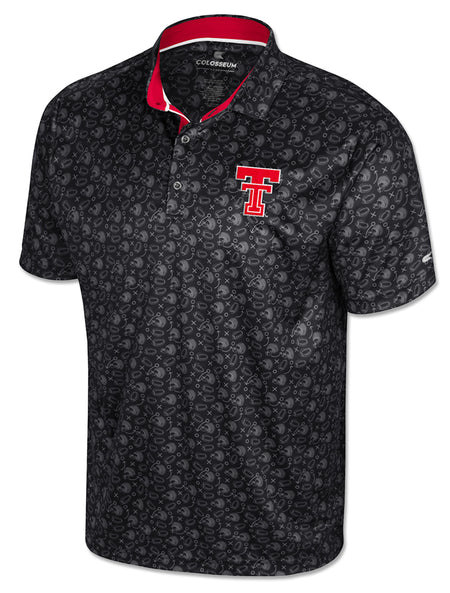 Black polo with an all over tonal print of football helmets, footballs and X and O plays, red and white placket trim, and the Double T at the left chest