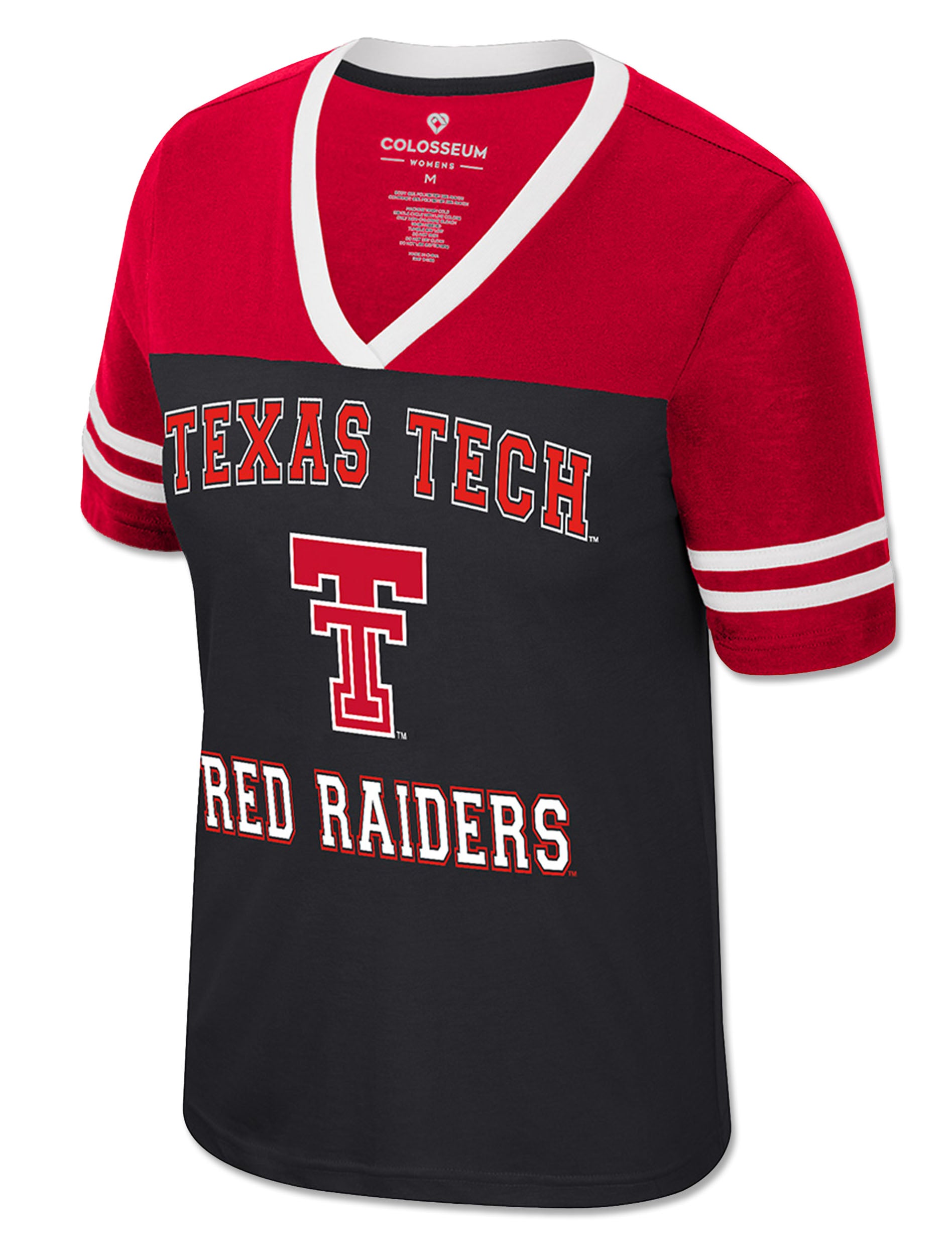 Black and red Texas Tech women's colorblock jersey tee with a white trimmed V neck, arched TEXAS TECH, a red Double T and RED RAIDERS in white, with striped sleeves