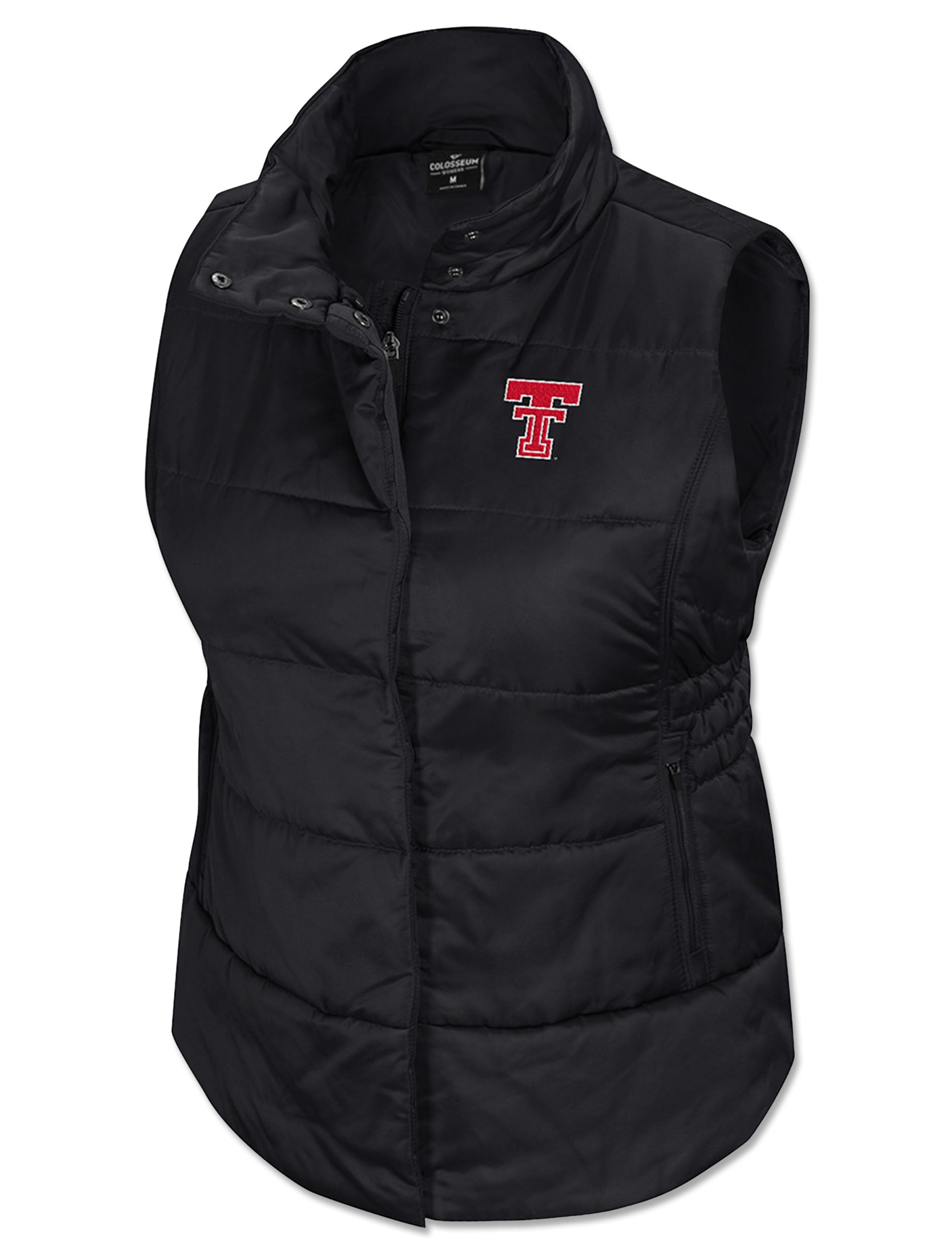 Black channel quilted Texas Tech women's puffer vest with a ribbed stand collar, a snap over placket and a red Double T at the left chest
